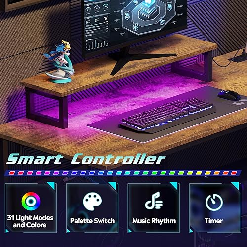 Miniatura 6 de DEVAISE Escritorio para juegos en forma de L de 47 pulgadas con luces LED y tomas de corriente, escritorio de esquina para espacios pequeños, mesa