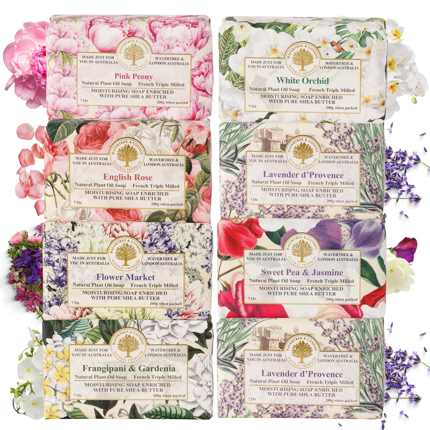 Wavertree & London Assorted Floral Natural Soap Bars Pack of 8 | 7oz Triple Milled Moisturizing Soaps with Shea Butter & Plant Oils