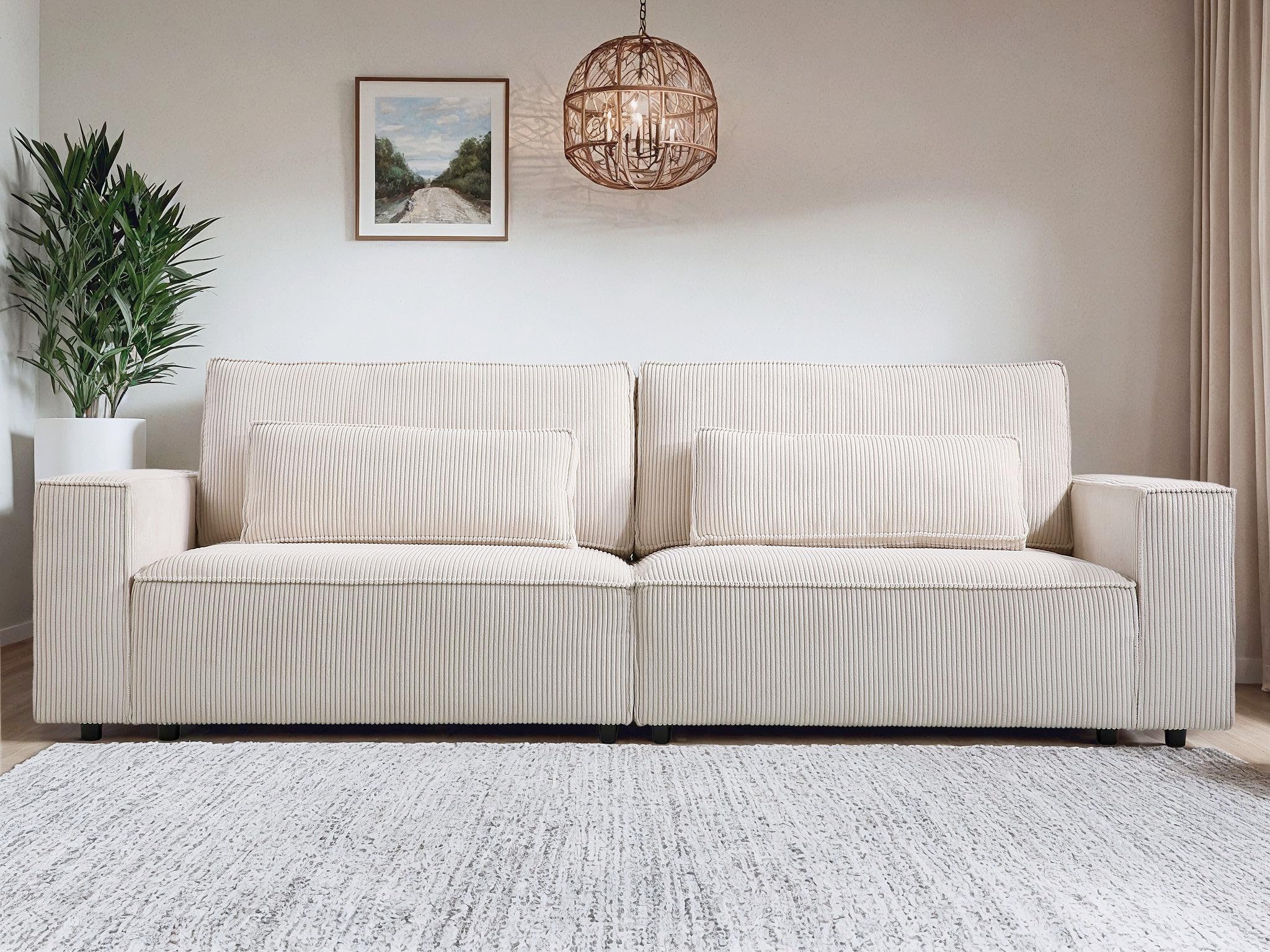 HIFIT 105" Modern White Sofa Couches for Living Room, Comfy Corduroy Fabric Couch w/28 Deep Seat & Fluffy Cushion, 4-Seater Home Sofa Living Room Furniture for Office with 2 Pillows, Solid Wood Frame