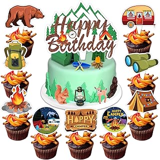 Camping Cake Topper Picks, 25 PCS Camp Cupcake Toppers Cake Decorations Camp Woodland Outdoor First 1st Themed Birthday Party Supplies Favors Decor Centerpiece Table for Boys Girls Carnival Rewards
