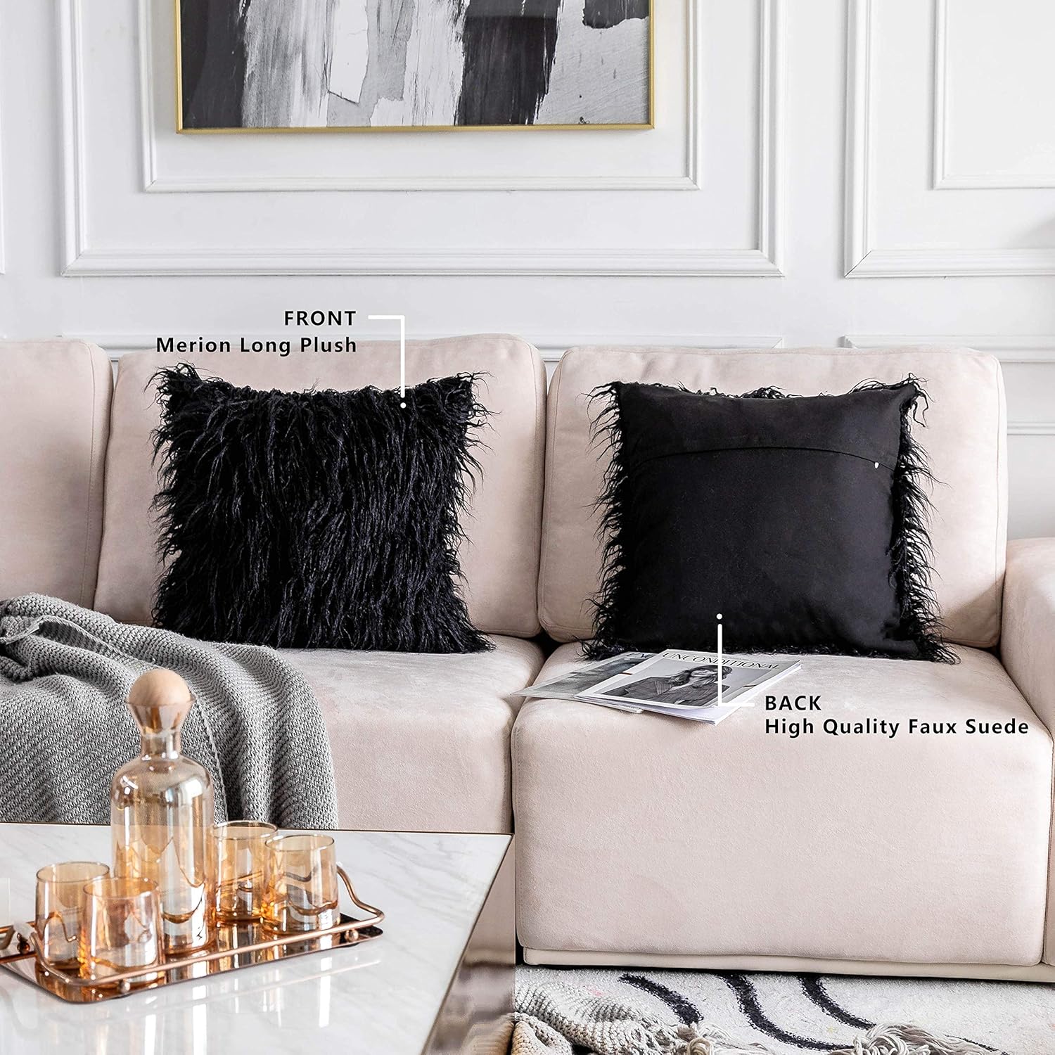 Home Brilliant Faux Fur Pillow Cover for Living Room Black Fall Throw Pillow Case Fuzzy Pillows Cushion Covers, 18 x 18 Inch, 45cm, Black - Image 4