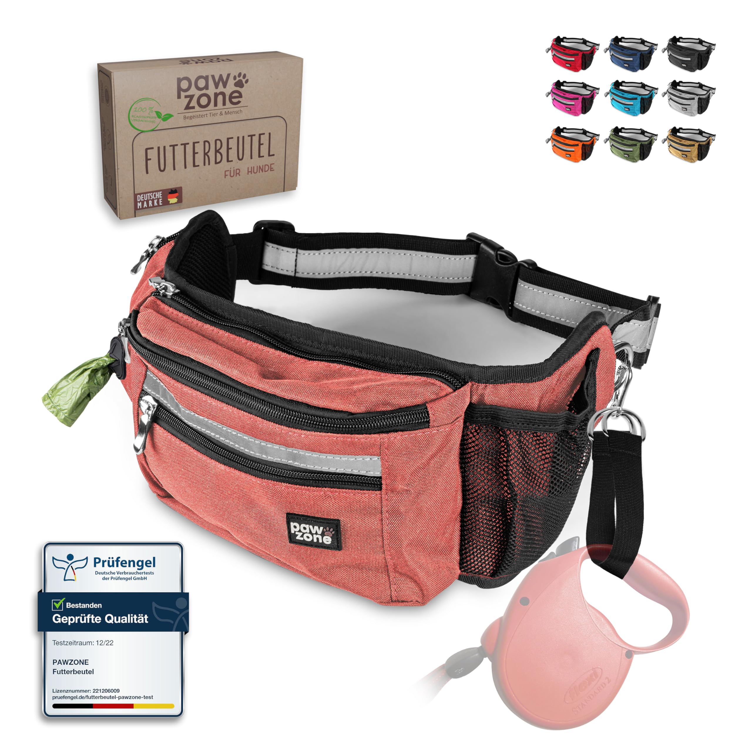 PAWZONE® Futterbeutel Hunde - Leckerlibeutel für Hunde - Bauchtasche für Hunde Zubehör - Leckerlietasche für Hunde - Inkl. Reflektorband & Zusatzgurt für Flexileine (Rostrot)
