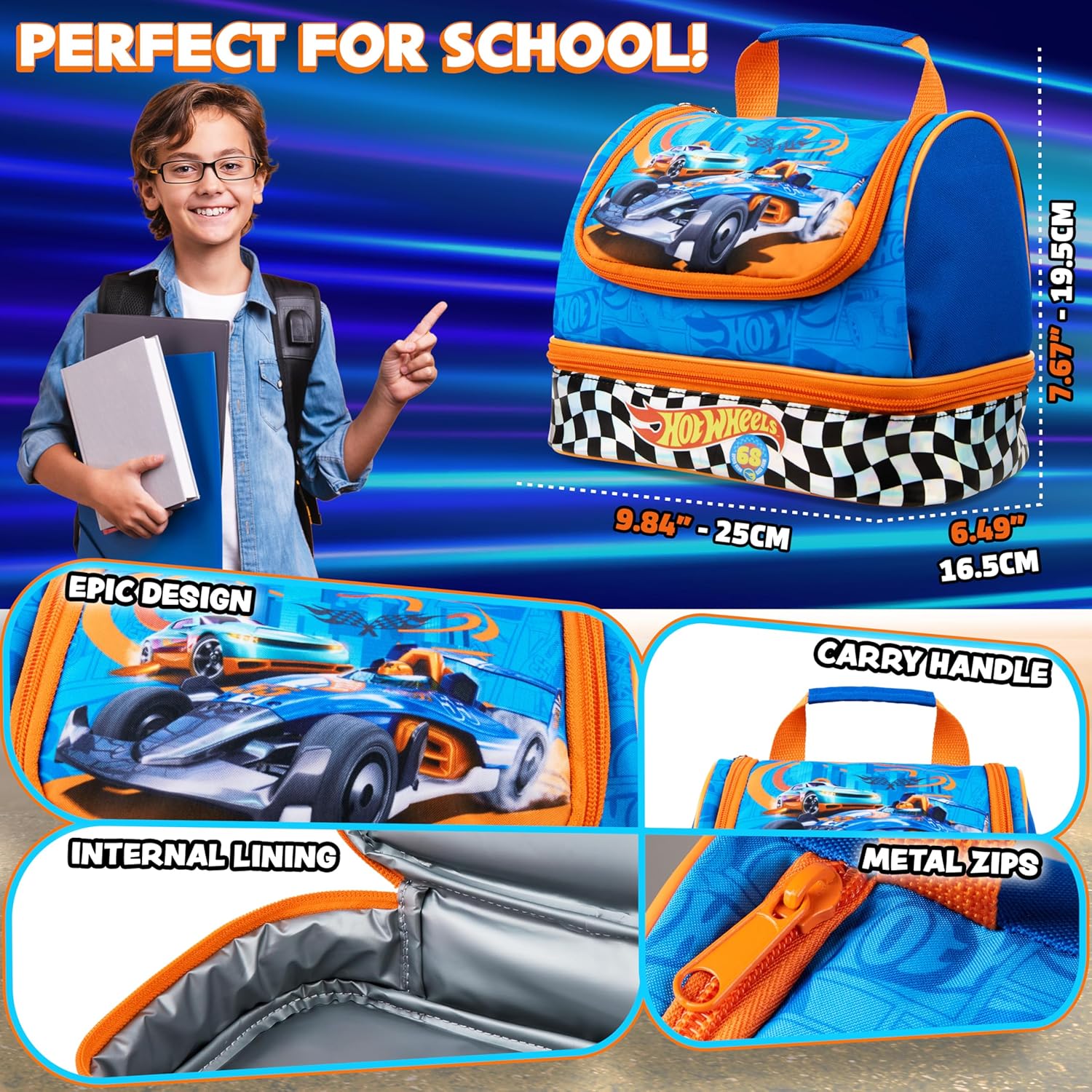 Get Trend Hot Wheels Insulated Lunch Box with Two Compartments for Kids Teens Work Travel Picnic Beach Cooler Sack (Blue Hot Wheels) - Image 6