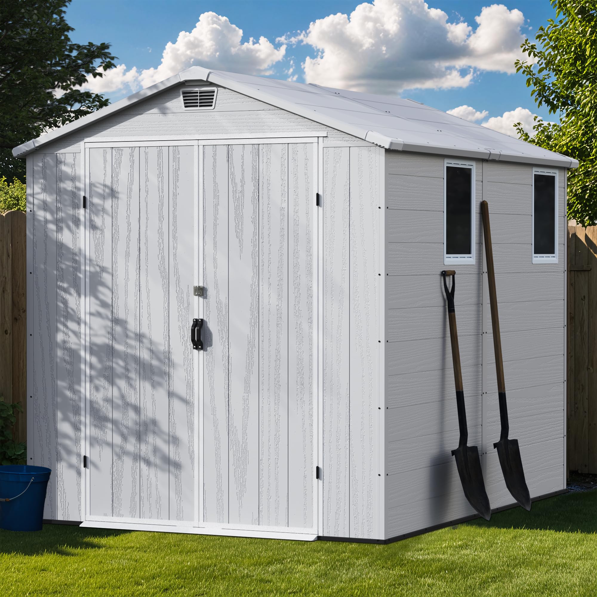 Greesum 6x8FT Plastic Outdoor Storage Shed with Floor, Resin Sheds with Lockable Double Door, Windows &amp; Vents, All-Weather Tool Sheds for Garden, Backyard, Patio, Light Gray