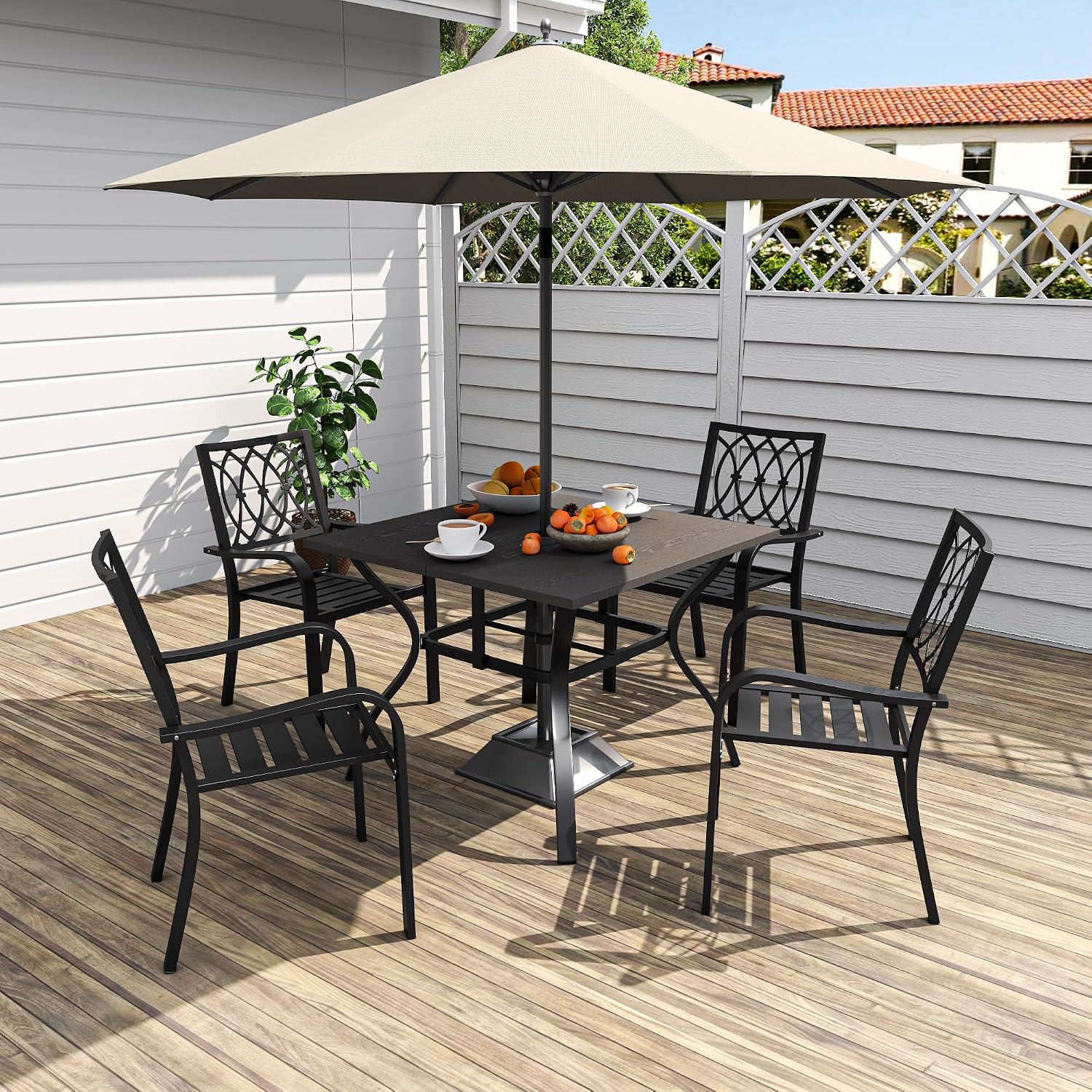 Industrial Farmhouse Desk with Umbrella Hole, 37 Inch Wood Look Square Dining Table, Heavy Duty Metal Frame for Outdoor Kitchen Office Conference Room, Waterproof Easy Assembly Indoor Outdoor Use