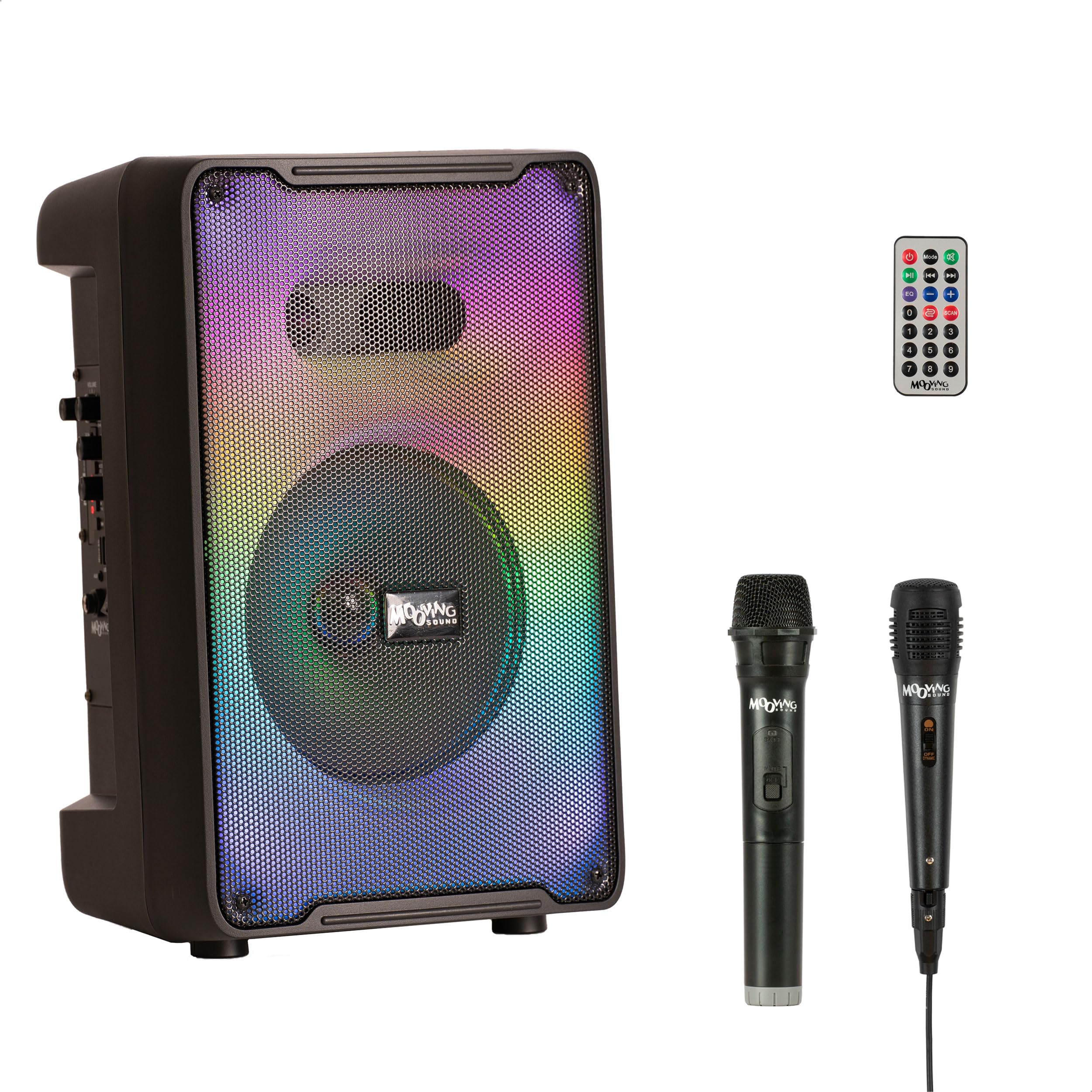 MS-KARA-MOOV500 - MOOVING SOUND - 8"/500W głośnik zasilany bateryjnie z efektem świetlnym na przednim panelu, 1 mikrofon bezprzewodowy i 1 mikrofon przewodowy - Czarny