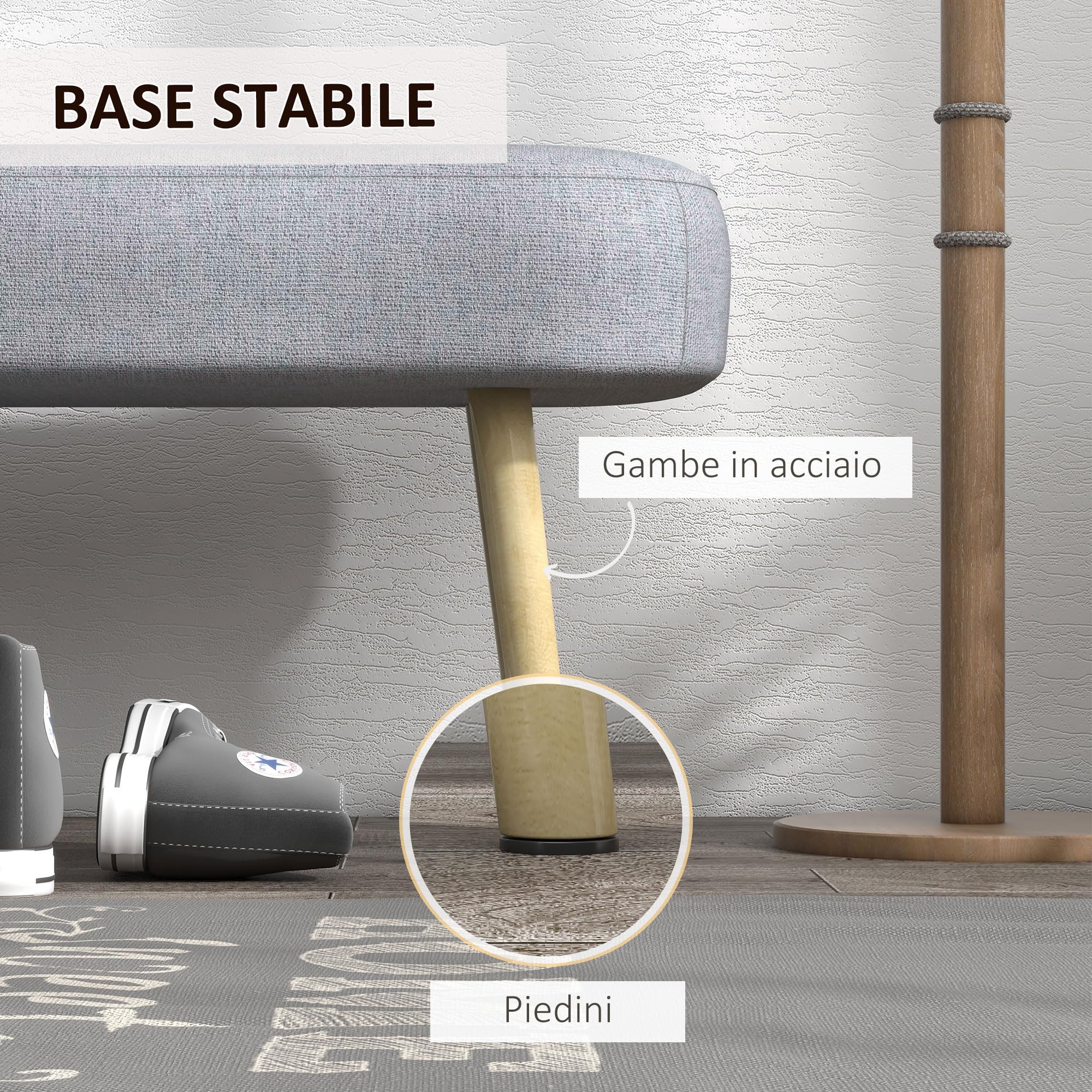 HOMCOM Panca Imbottita Fondo Letto in Tessuto con Gambe in Acciaio Effetto Legno, Panca per Ingresso, Salotto e Camera, 114x38x45cm, Grigio