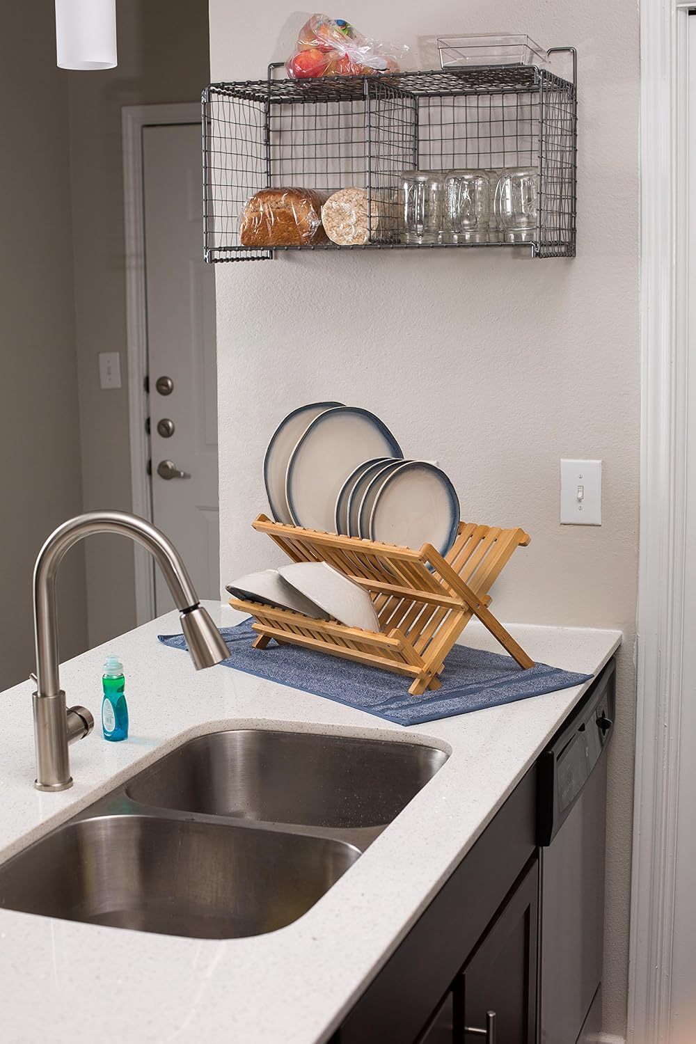 Collapsible Bamboo Drying Dish Rack - 2 Tier Level Folding Dish Rack for Counter Top - Quick Dry - Wooden Wood Dish Drainer - Kitchen Drying Utensils & Dishes - Plates Bowls - Easy Clean - Foldable