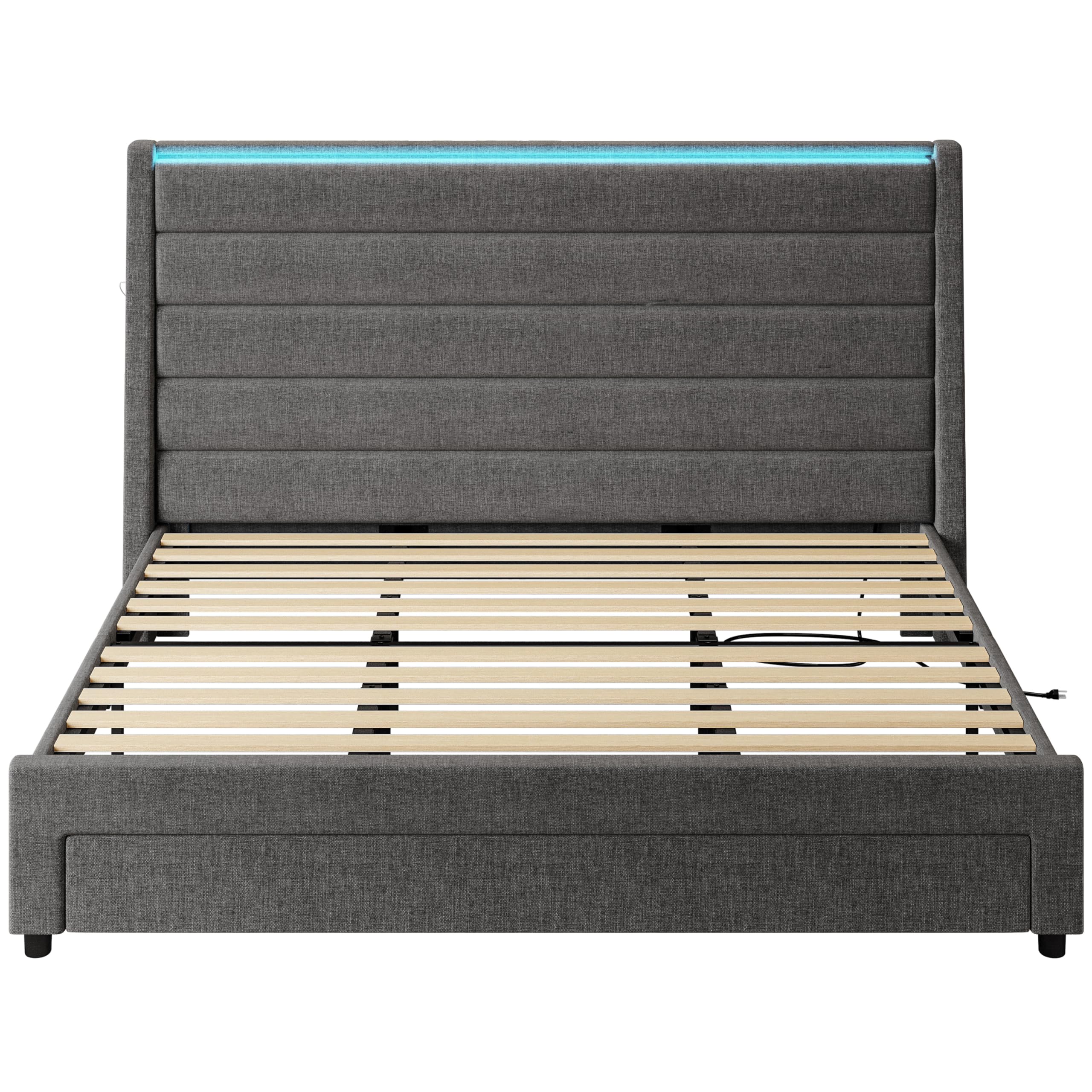 LIKIMIO Queen Size Bed Frame with 55 Inches Headboard & Drawer & 2 Charging Station, Upholstered Queen Platform Bed, No Box Spring Needed, Grey