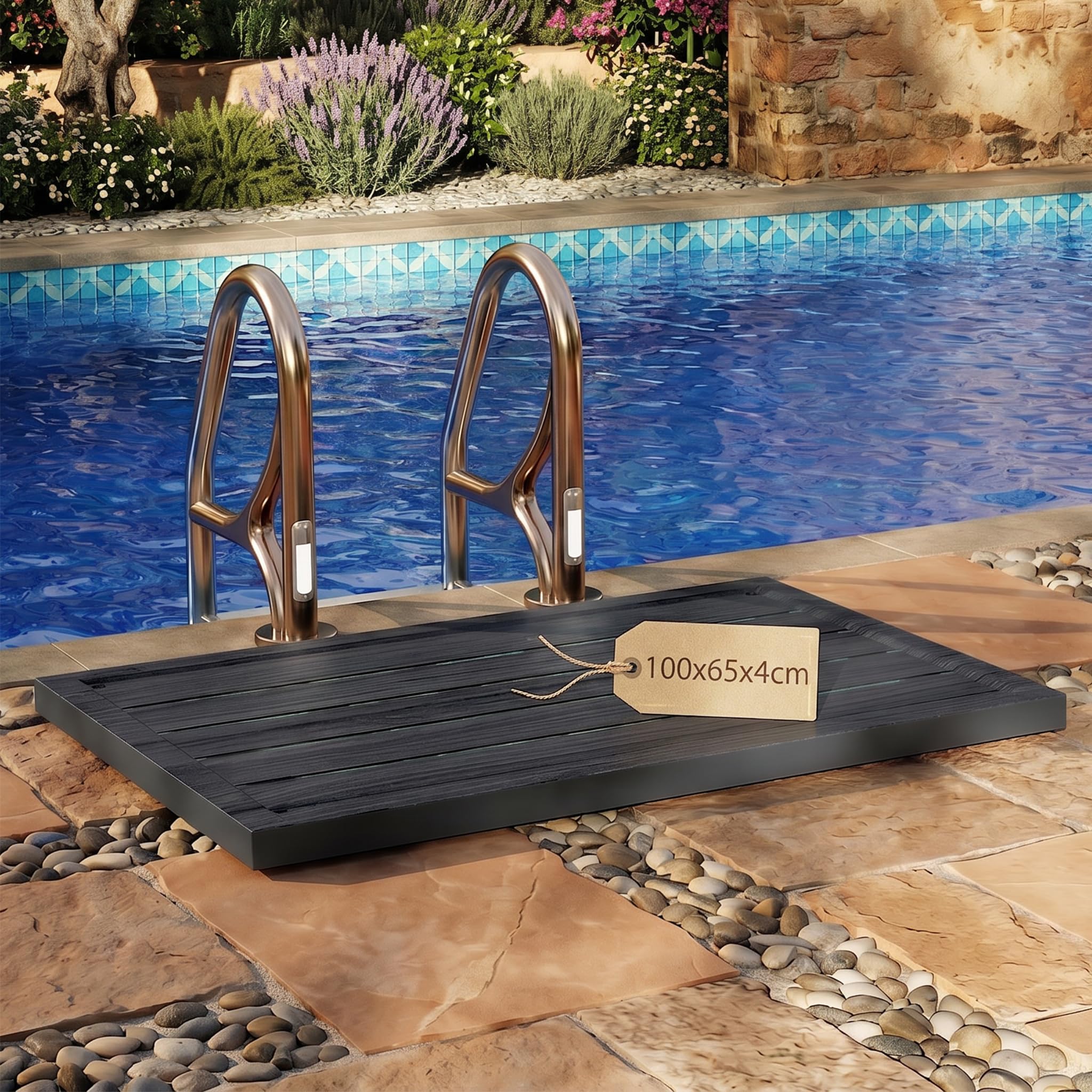 Rutschfeste Bodenplatte Holzoptik 100x65x4cm UV-beständiges Kunststoff Bodenelement, praktische Unterlage für Gartendusche Solardusche Poolleiter Outdoor Nutzung mit Montagematerial Anthrazit