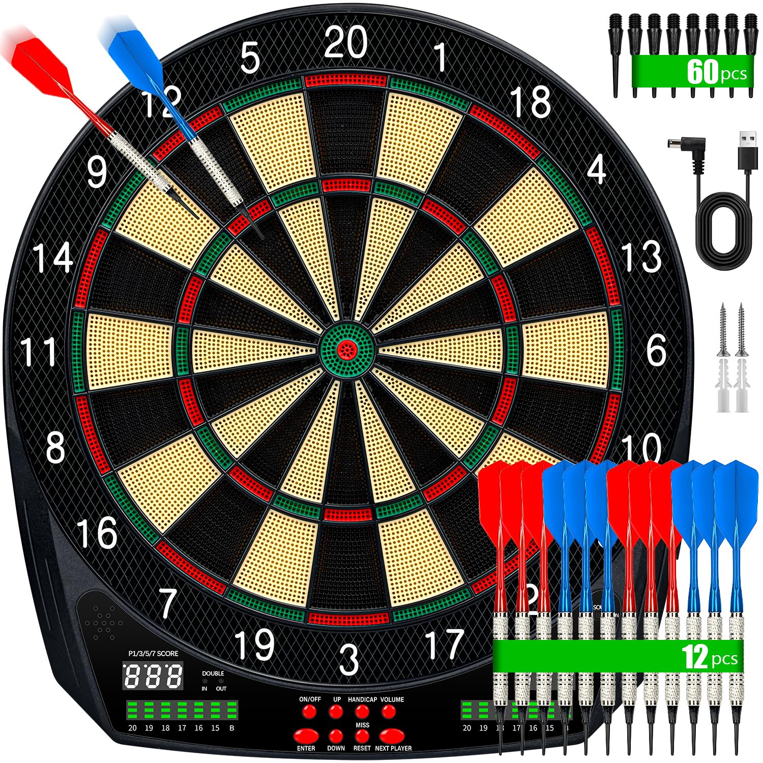 Cible Flechette Électronique avec 35 Jeux, Écran LCD, Instructions Vocales, 12 Fléchettes Souples, Comptage Automatique des Points