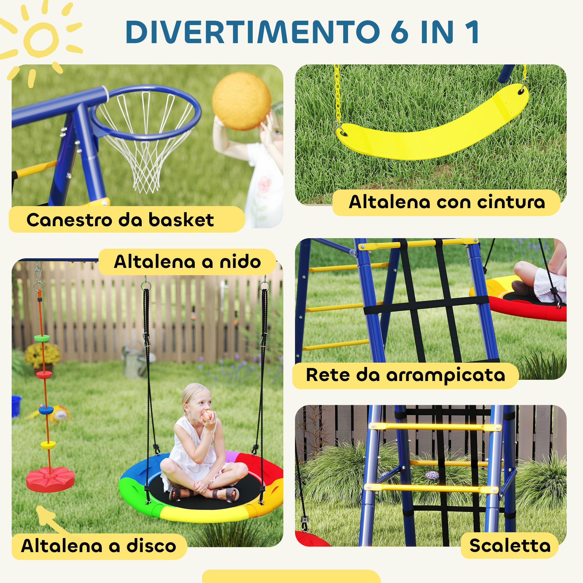 AIYAPLAY 6 in 1 Set Altalene da Giardino per Bambini 3-8 Anni con 3 Altalene, Gioco da Arrampicata e Canestro da Basket, Set da Gioco, Altalena per Bimbi per Parco, Esterno, Multicolore