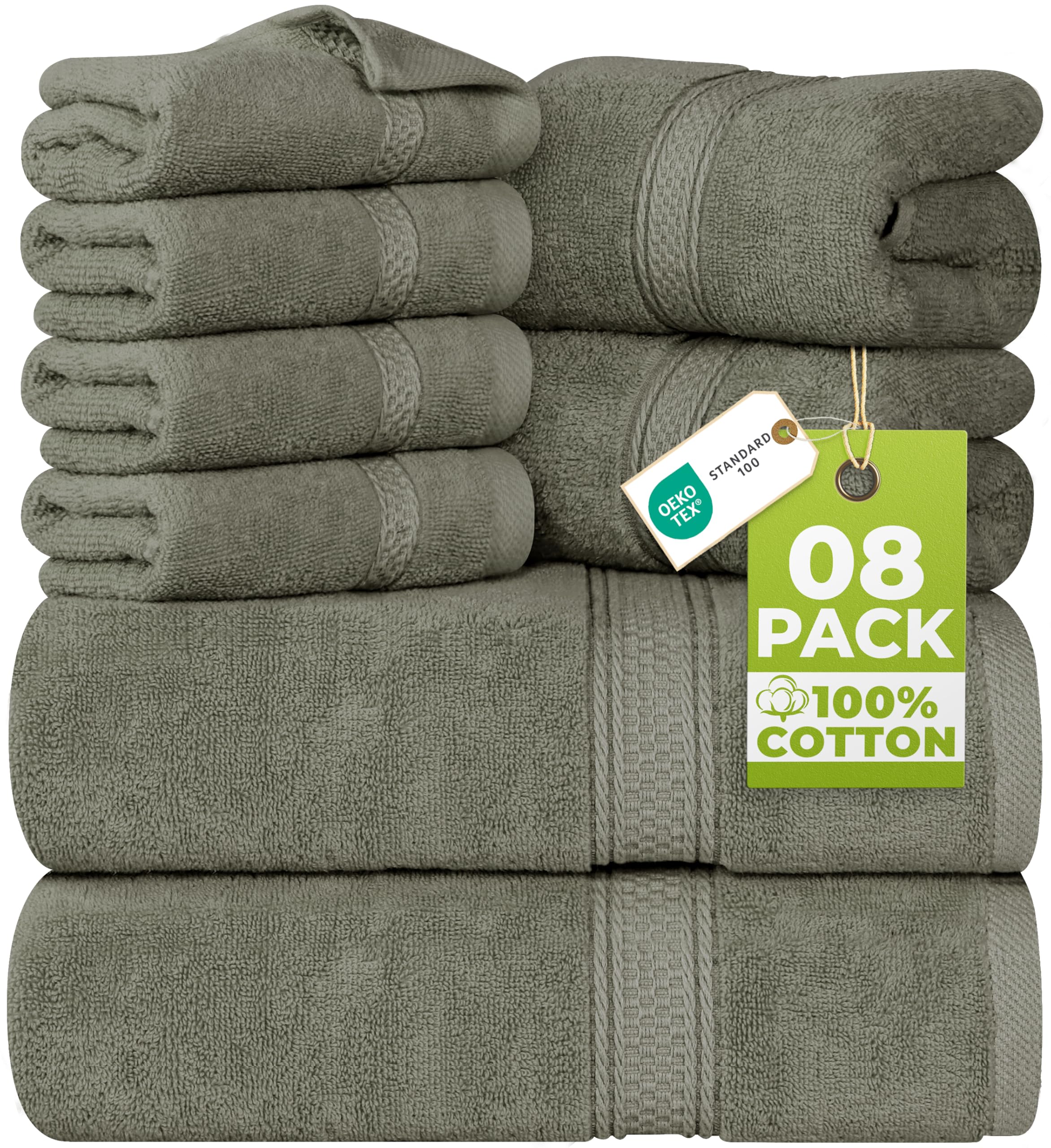 Utopia, Set di 8 asciugamani composto da 2 teli bagno, 2 ospiti e 4 lavette, in 100% cotone filato ad anelli da 600 g/m², altamente assorbenti, per bagno, palestra, hotel e spa (verde oliva opaco)