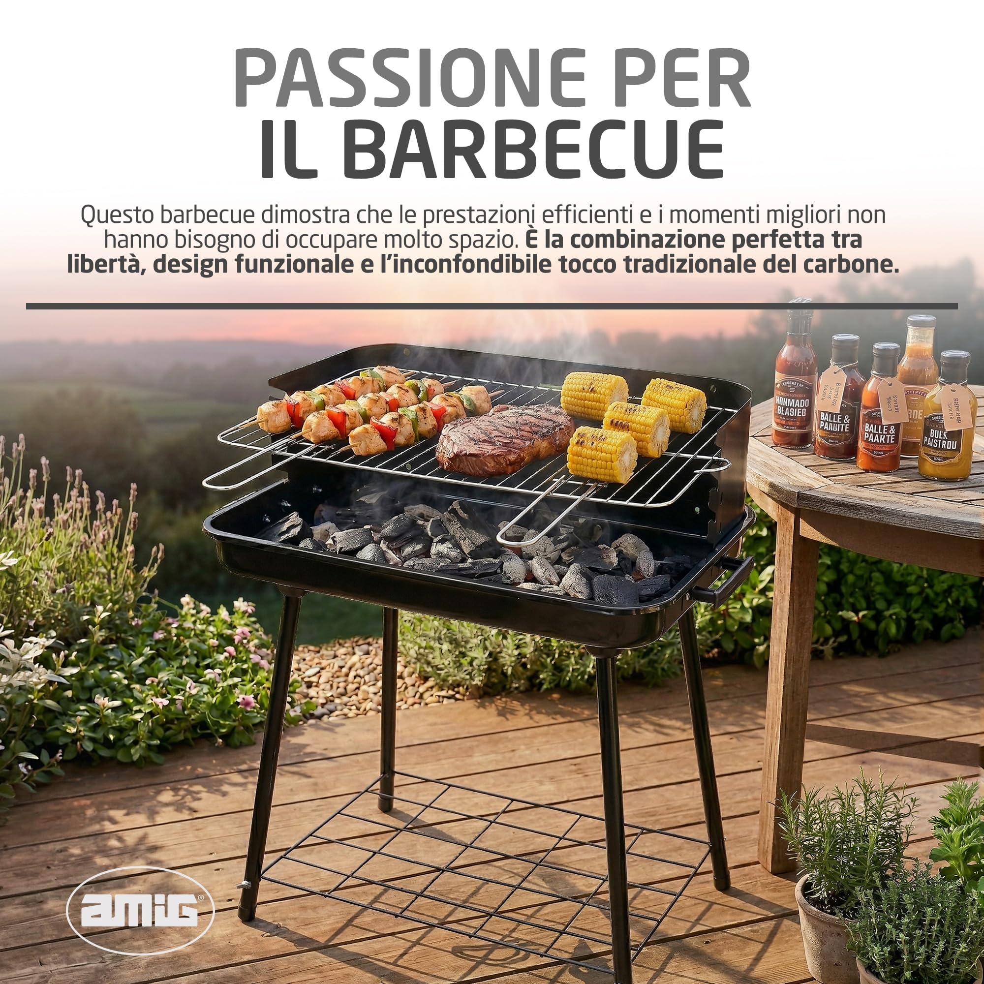 Amig - Barbecue a carbone - 67 x 40 x 82 cm - Nero - Fabbricata in Acciaio - Giardino e patio - per riunioni all'aperto con esperienza d'uso comoda e facilità di pulizia dopo ogni utilizzo. Mod. ORYX