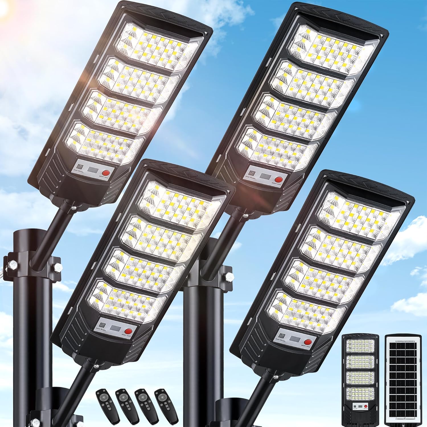 Yusist 4 Pack Solar Street Lights Outdoor Waterproof, 6500K LED Motion Sensor Lights, Dusk to Dawn Solar Flood Lights with Remote,Parking Lot Light,Commercial Area Lighting for Outside