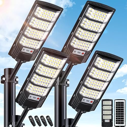Paquete de 4 luces solares para exteriores, impermeables, 6500 K, luces LED con sensor de movimiento, luces de inundación solares del atardecer al
