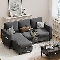 JAMFLY L-Shaped 3-Seat Sectional Sofa with Movable Ottoman, Corduroy Fabric Convertible Couch for Small Apartments & Offices, Dark Grey