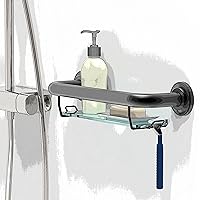 Vista 8 de Barra de agarre compatible con ADA con estante de vidrio para pared de ducha y bañeras, soporte de peso de 500 libras, 1-1/4 x 16 pulgadas