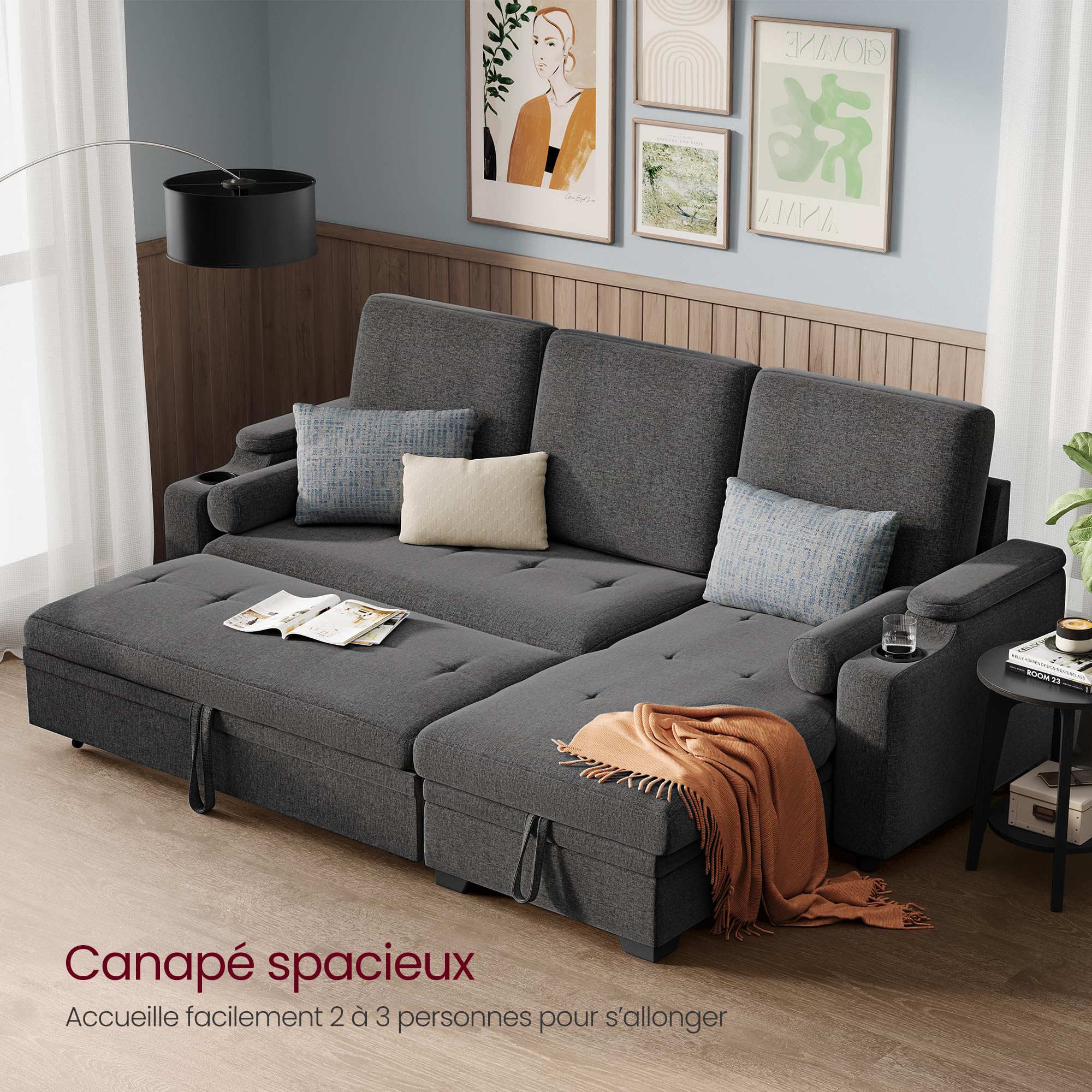 VASAGLE, canapé lit avec Espace de Rangement, Meubles rembourrés, Housse en Coton et Lin, Porte-gobelet, Moderne, Chambre d'amis, Gris LCS801G01, Bois, 226 x 142 x 89 cm (L x B x H)