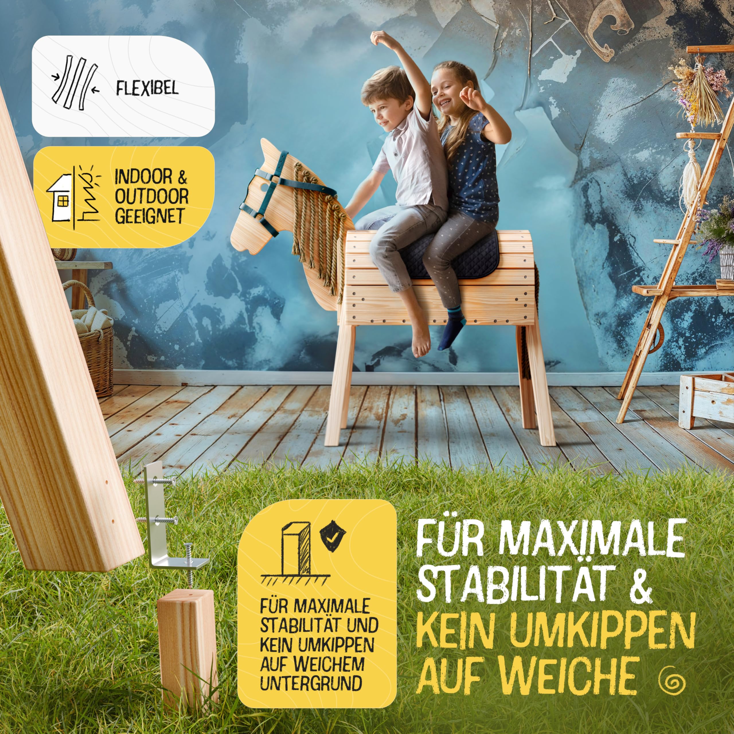 FRIEDO Holzpferd mit Sattel (Sitzkissen) & Pferdegeschirr, Höhenverstellbar | Kleines Spielpferd aus unbehandeltem Holz mit beweglichem Kopf, Holzpferd für draußen im Garten geeignet (101-106cm), Outdoor