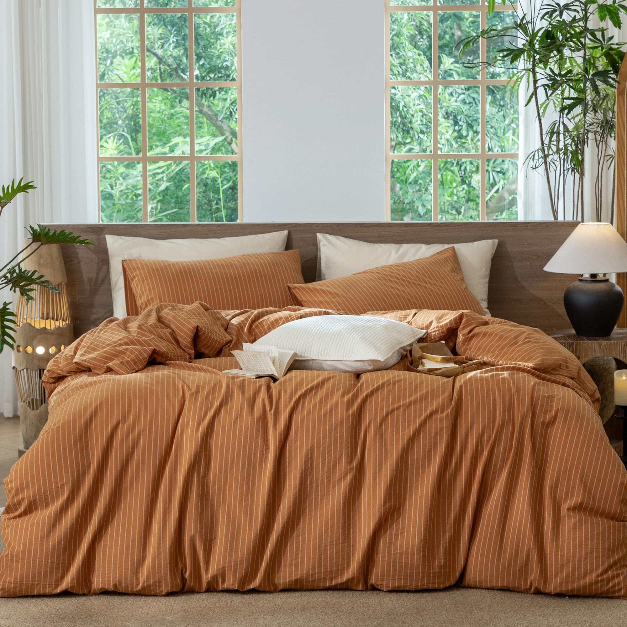 MooMee Striped Duvet Cover Set 100% Washed Cotton Linen Like King
