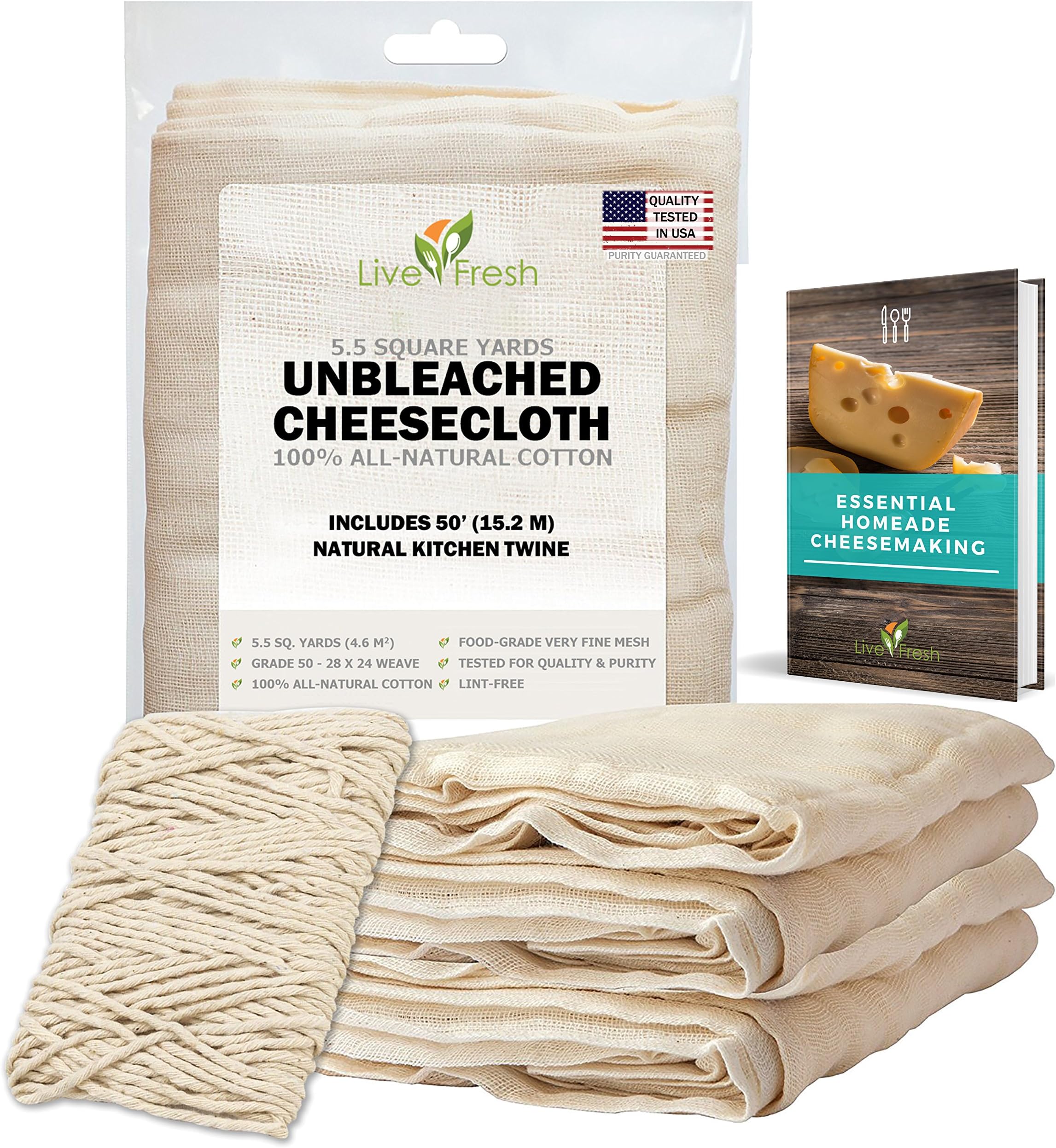 LiveFresh Unbleached Cheesecloth with 50' All-Natural Unbleached Cooking Twine and Cheesemaking Guide eBook - Grade 50, 5.5 Yards (49.5sq feet) - Washable and Reusable Strainer