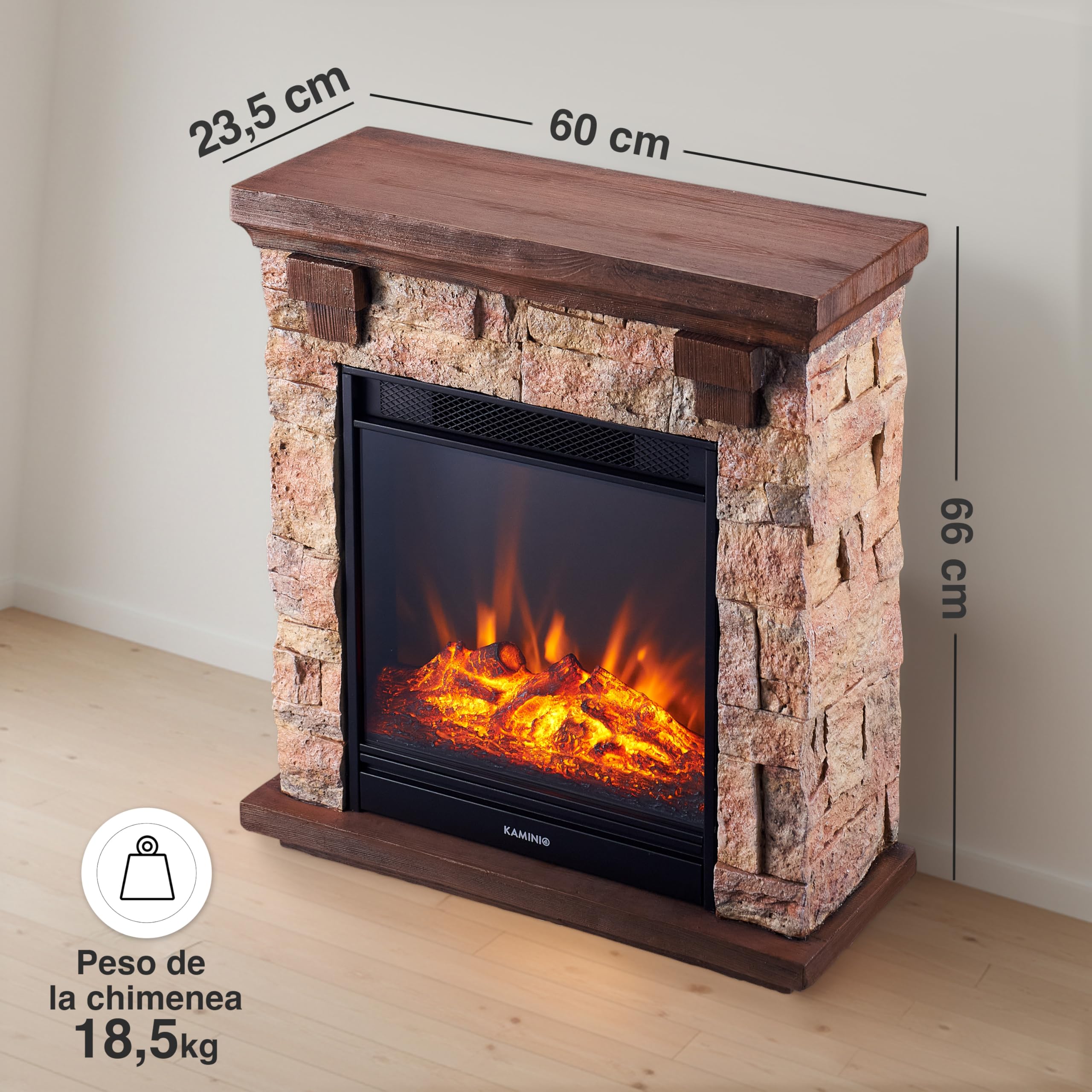 KAMINIO Chimenea eléctrica Juan - Chimenea eléctrica de pie con Aspecto de Piedra, función de calefacción, Efecto de Llama 3D y Mando a Distancia (Beige)