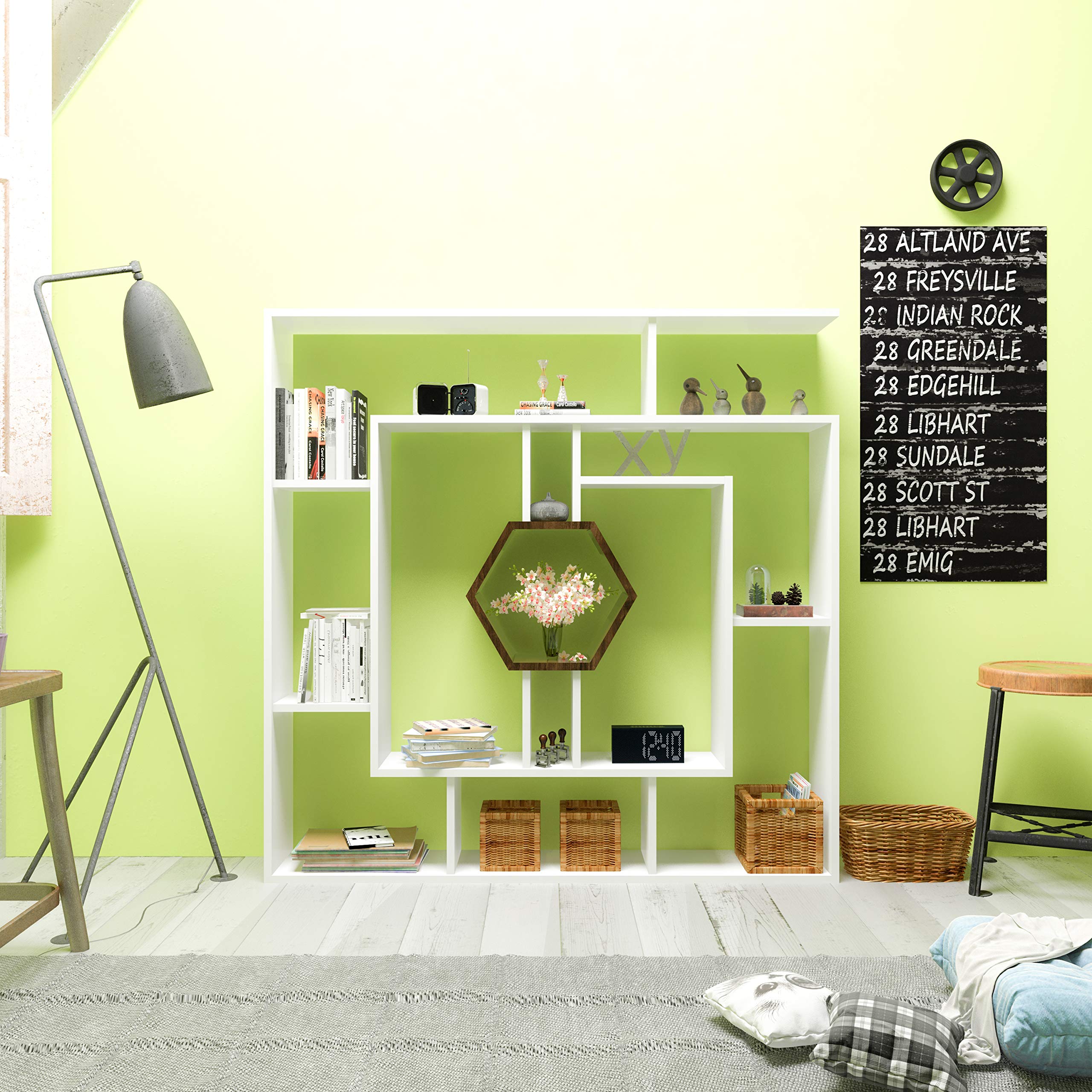 DECOROTIKA 53" Labirina Geometric Bookcase for Home & Office (White and Walnut)