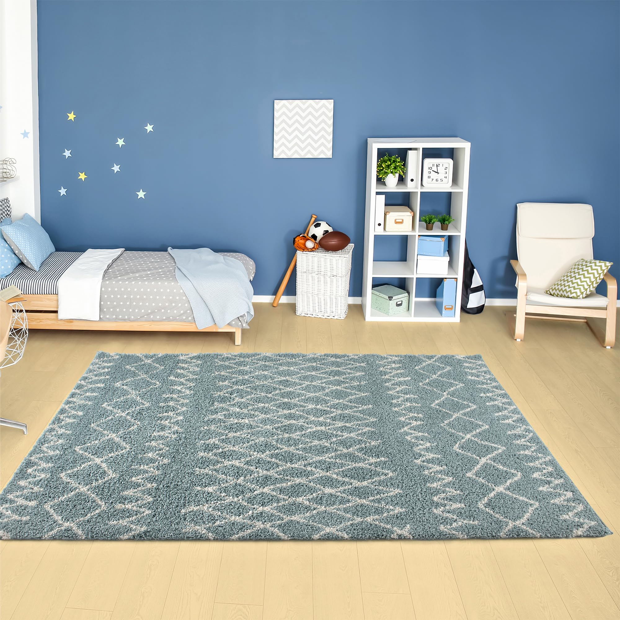 THE RUGS Modern Moroccan Design Living Room and Bedroom Rugs, Non-Shedding & Easy Care (Tangier Duck Egg Blue/Ivory, 80x150 cm) - Image 2