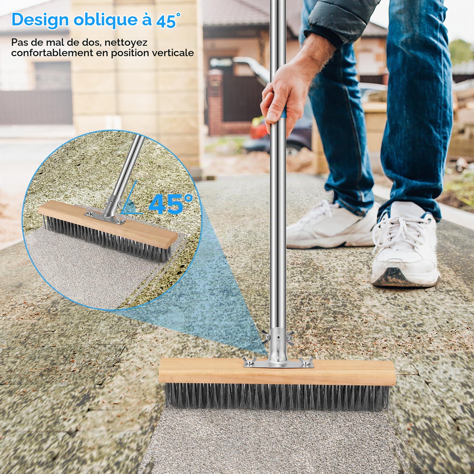 COZCLAM Ensemble de Brosse Metallique Robuste avec Manche Télescopique de 160cm, Brosse pour Sol de 35cm et 2 Brosses pour Joints, Balai Brosse Sol Métallique pour Extérieur Patio, Terrasse et Jardin