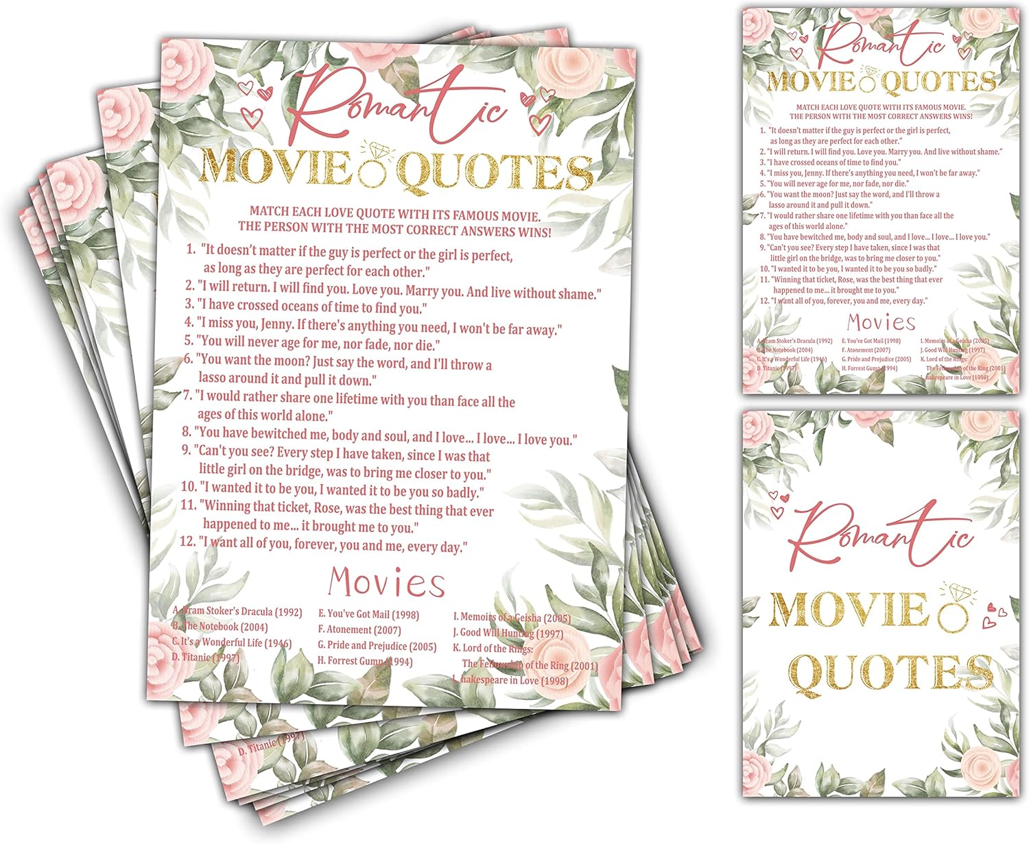 Bridal Shower Games - Romantic Movie Quotes Wedding Party Game - Boho Floral Greenery Bachelorette/Engagement Party Supplies Activities - Pack of 30 Game Cards & 1 Answer Card (A02)