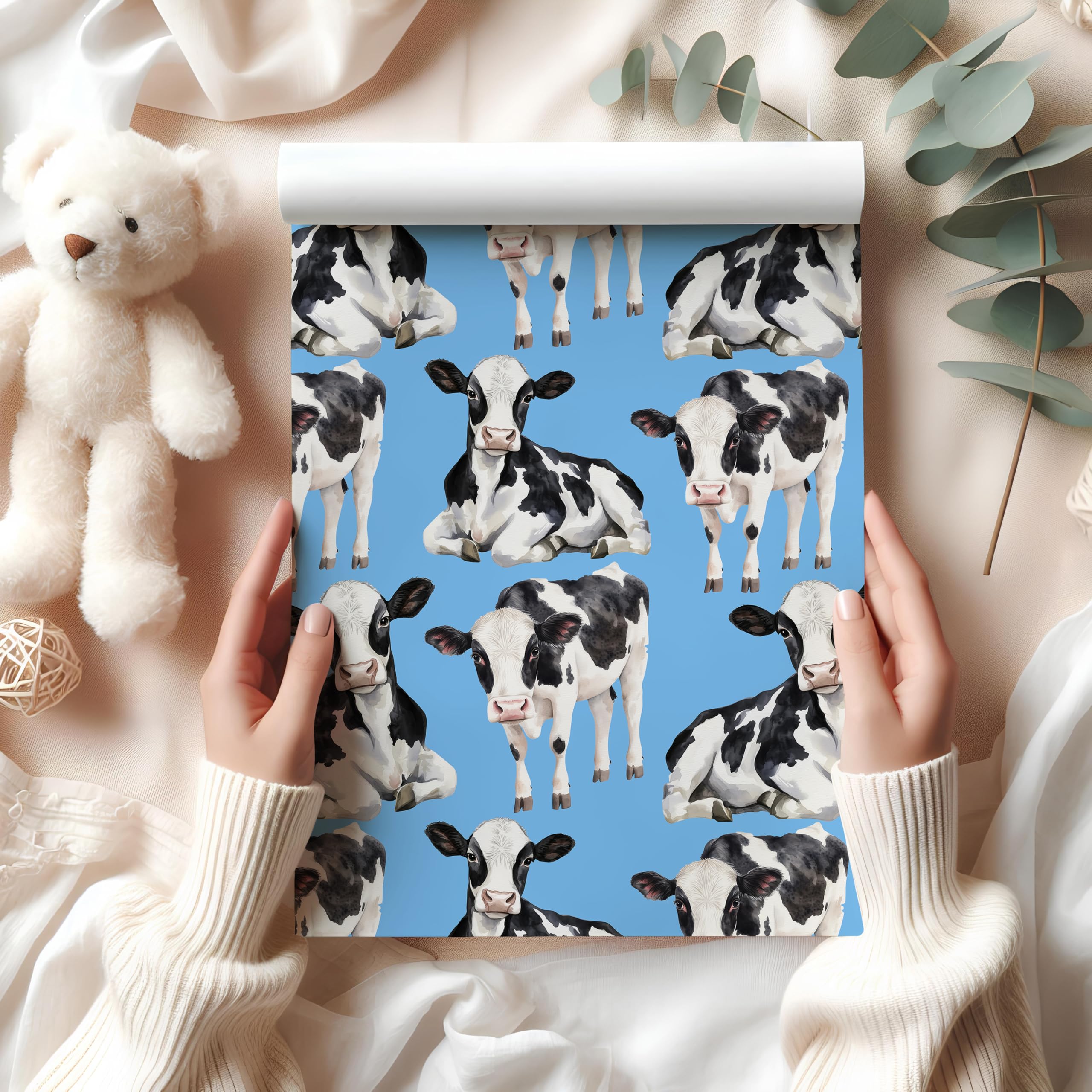 Cute Cow Wrapping Paper – Calf Print Gift Wrap Farm Animal Lovers – Rustic Birthday Baby Shower – W72 (Cornblue, Large - 58 x 85cm / 22.8" x 33.4" inches)