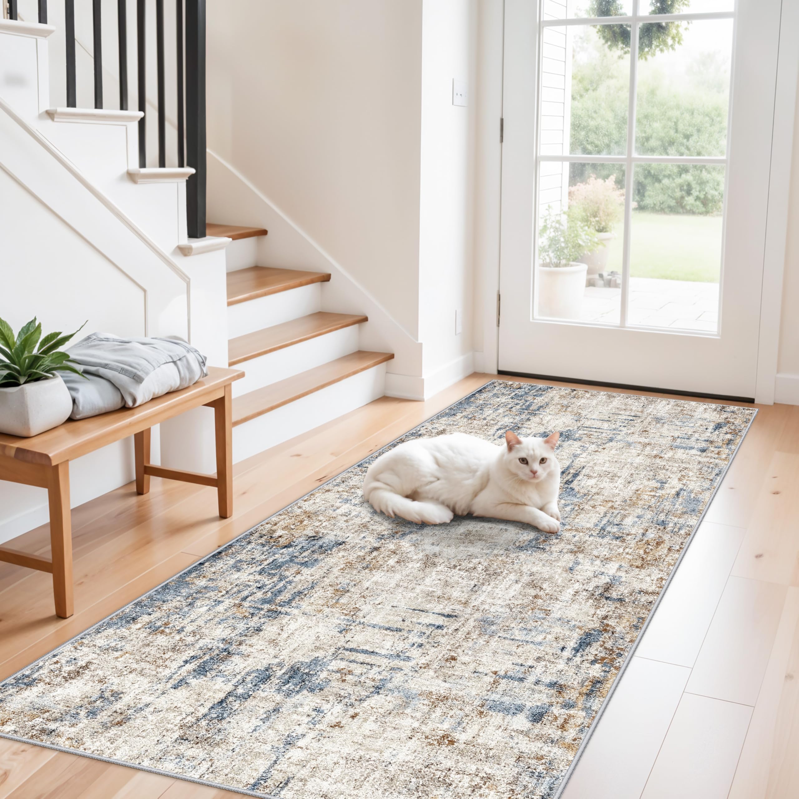 3x7 Washable Non-Slip Kitchen Runner Rug – Modern Abstract Neutral Carpet for Hallway, Entryway, Bedroom, Laundry Room – Low-Pile Thin Wide Floor Runner with Rubber Backing（Blue Brown） — image 1