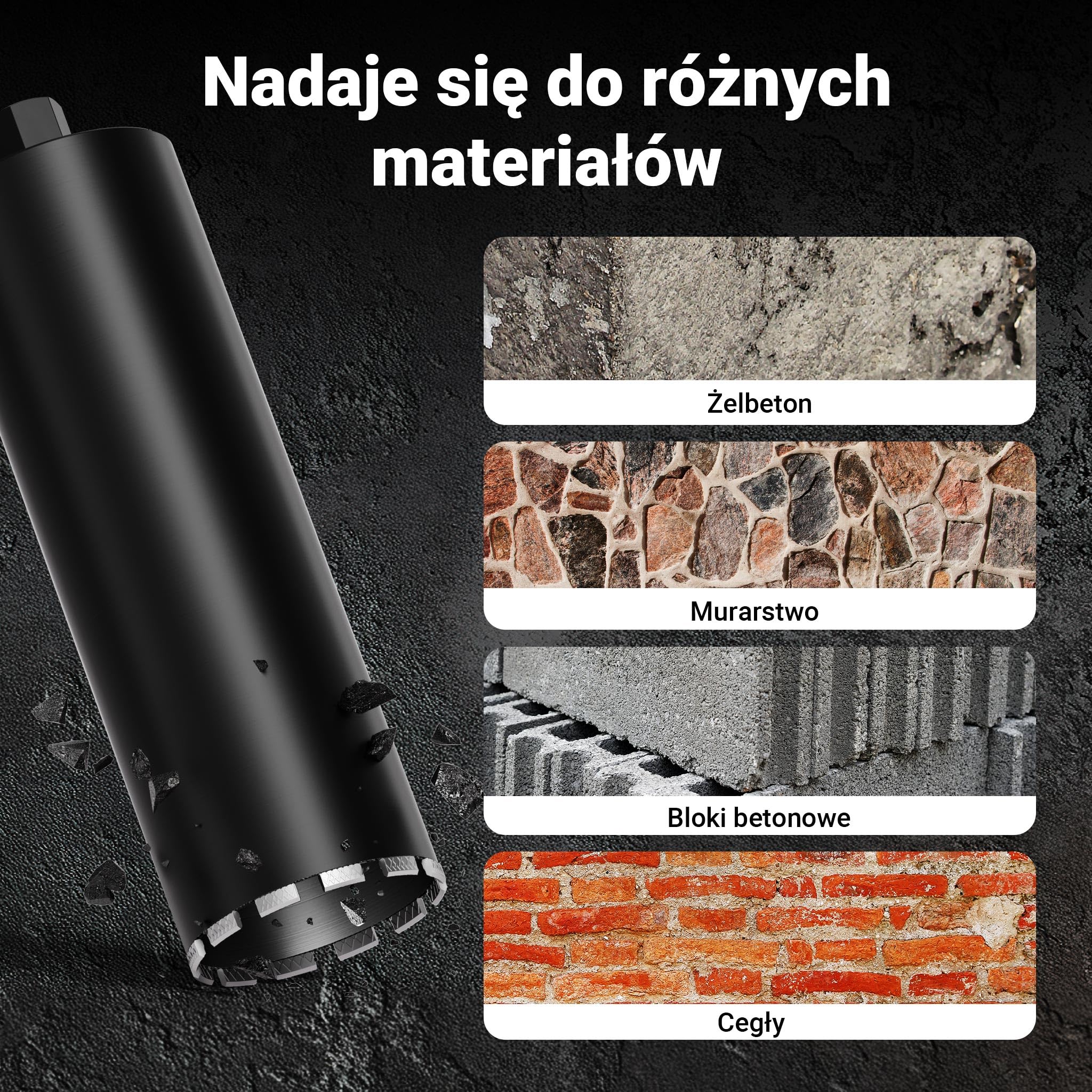 Wiltec Wiertło diamentowe koronowe typu Mesh Ø 152 mm o długości 450 mm, 1¼ UNC, do wiercenia w betonie, kafelkach, kamienia i granitu