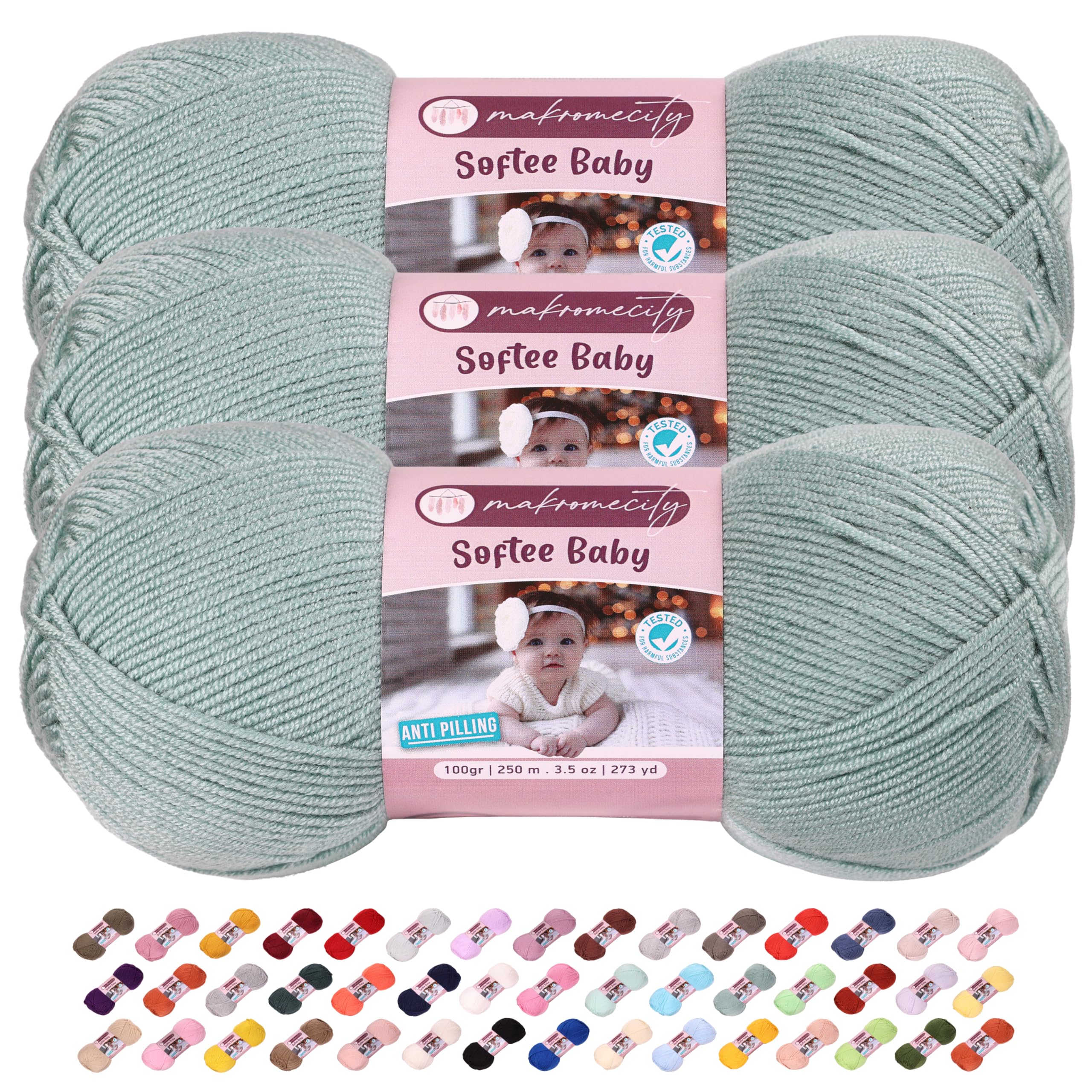 Makromecity 3 Strang Softee Baby Garn, 100% Anti-Pilling Acryl, je 100 g, 250 m, weiches Premium Garn zum Häkeln und Stricken, Baby-Strickjacken, Decken, Mützen und Babyschuhe (Kreppgrün, 3 Strang)