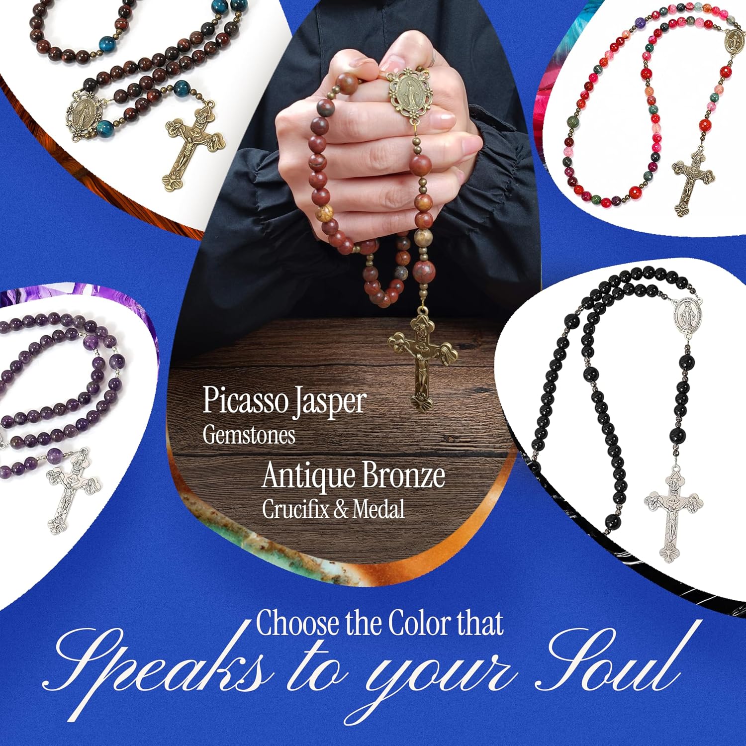 Handmade Catholic Rosary Beads with Miraculous Medal and Holy Trinity Crucifix – 8mm Decade Beads – 10mm Mystery Beads - for Men, Women and Children