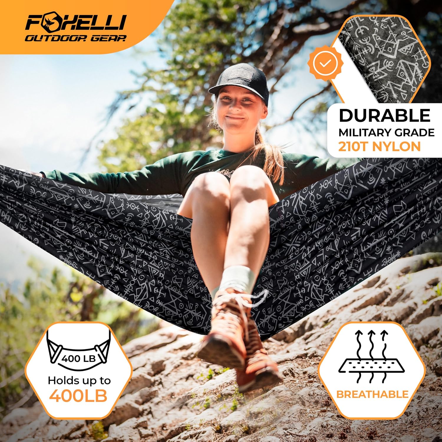Foxelli Camping Hammock – Ultralight Hammock for Backpacking, Hiking, Festivals, Travel - Easy Setup with Tree-Friendly Ropes & Steel Carabiners, Heavy Duty Parachute Nylon
