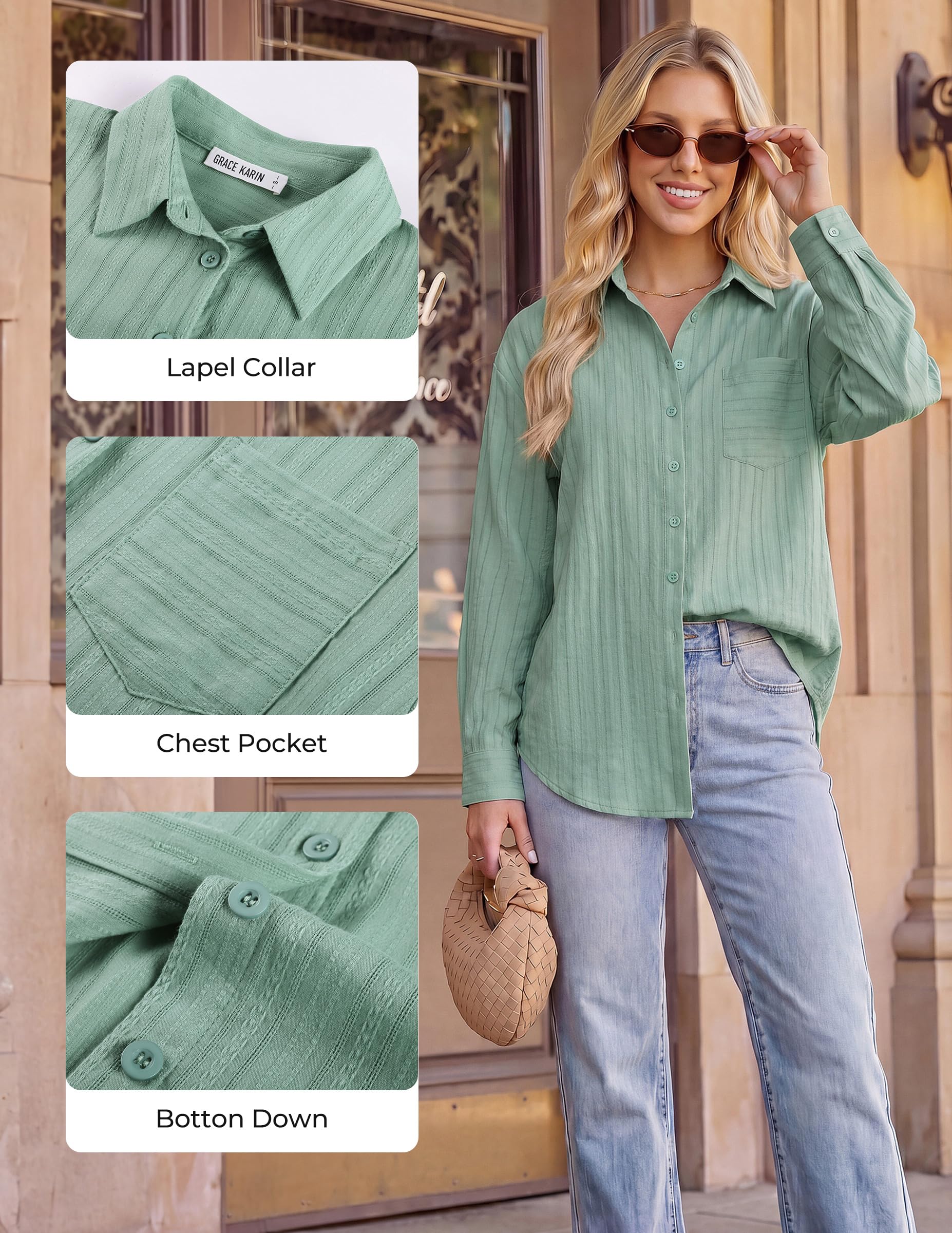GRACE KARIN Bluse Damen 100% Baumwolle Lässig Button Down Shirts Oberteile