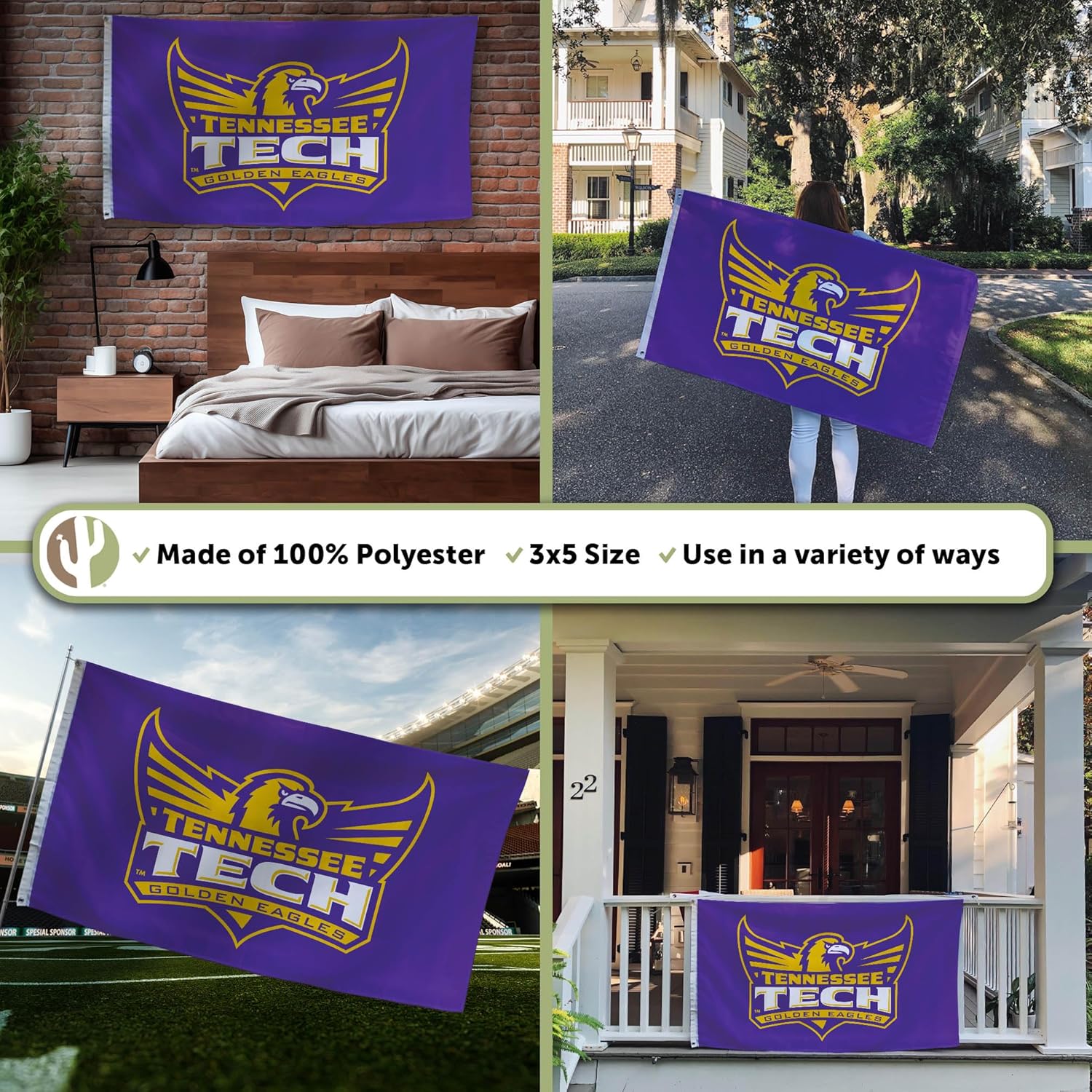 Desert Cactus Tennessee Technological University TTU Flag - 3 x 5 Feet Golden Eagles Banner, Indoor/Outdoor Durable Fabric, 100% Polyester Design (Style 1) - Image 3