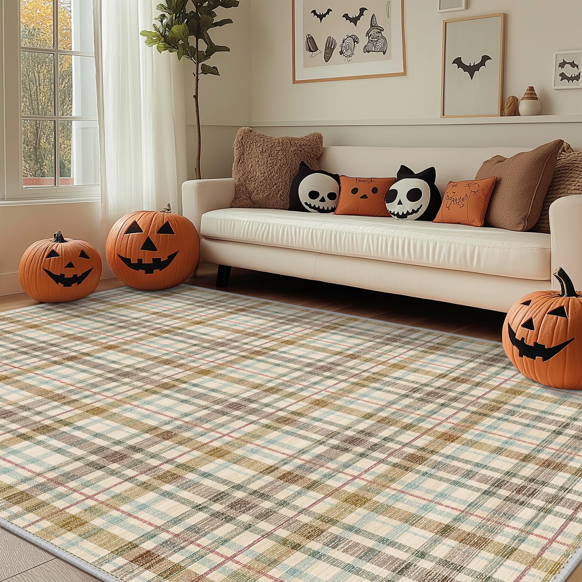 Bedroom Rug, Modern Machine Washable Rug Non-Slip, Soft Lightweight 6x9 Area Rugs, Plaid Print Rugs for Living Room, Bedroom, Dining Room, Ivory/Brown