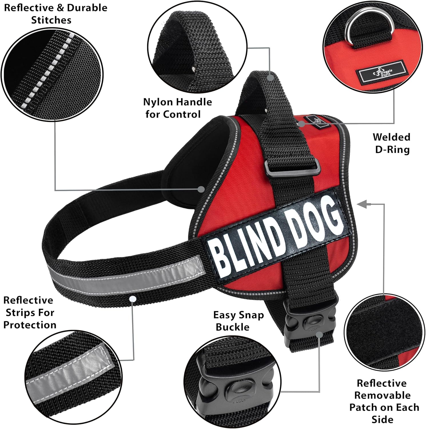 Doggie Stylz Blind Dog Harness - No Pull, No Escape Adjustable Service Dog Vest with Handle for Training & Mobility, Reflective Accessories & Patches for Blind Dogs