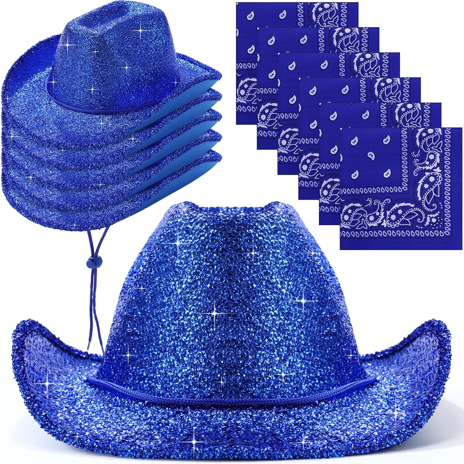 Coume 12 Pcs Sparkly Adults Cowboy Hat and Bandanas Women Men Western Glitter Cowgirl Party Hats with Adjustable Drawstring