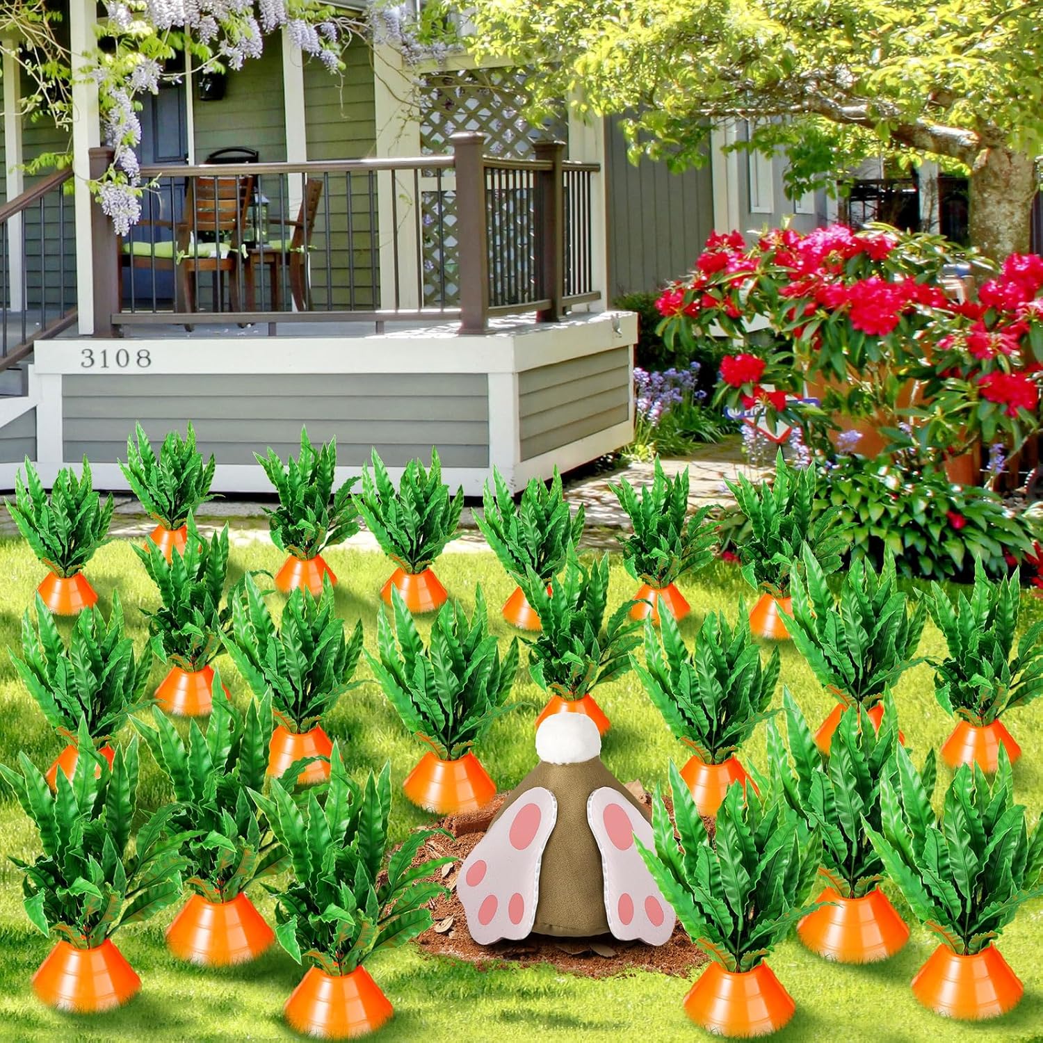 HyDren 18 Set Easter Carrots Yard Decor with Digging Bunny Fade Resistant DIY Fake Ferns Carrots Yard Stake Easter Garden Decor Outdoor Lawn Sign for Spring Home Lawn Garden Decoration Party Supplies