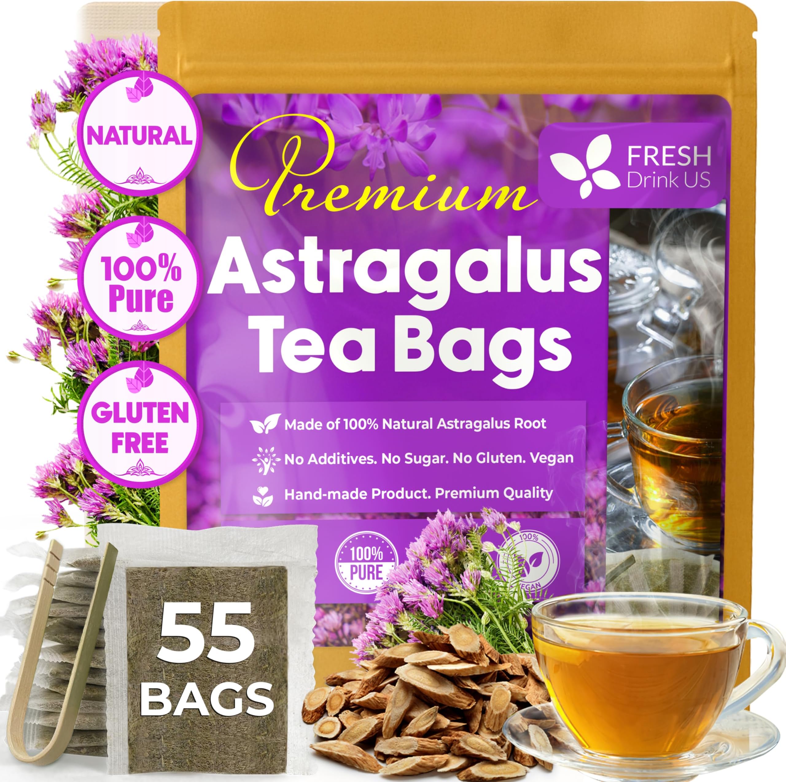 Premium 55 Astragalus Root Tea Bags, 100% Natural & Pure from Astragalus Root Herbal Tea. Made with Natural Material Tea Bags. No Sugar, No Caffeine, No Gluten, Vegan.