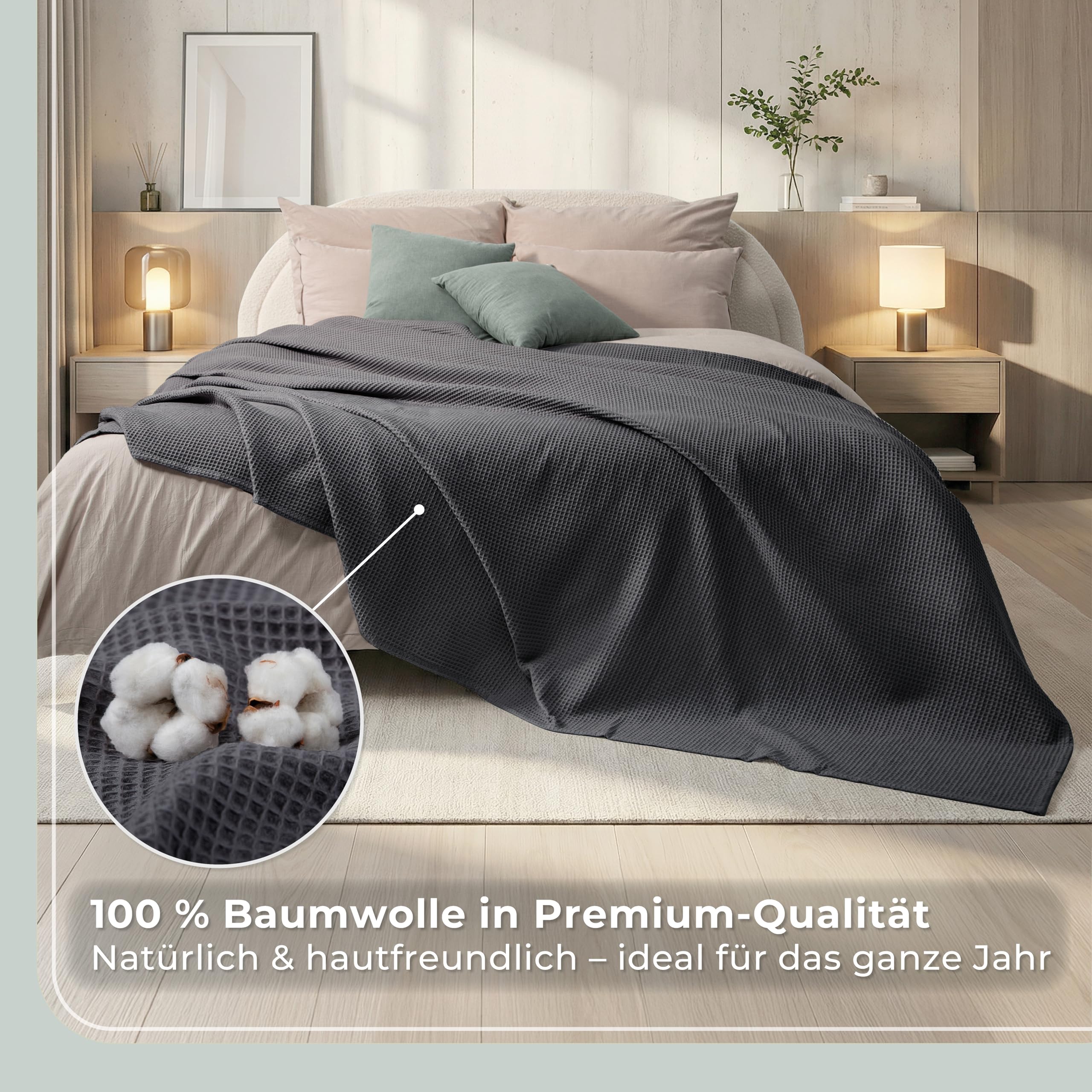 LAYNENBURG Premium Tagesdecke 150 x 200 cm - Waffelpique 100% Baumwolle - leichte Sommerdecke Waffeloptik - Baumwolldecke als Überwurf, Sofa, Couch-Decke (anthrazit)