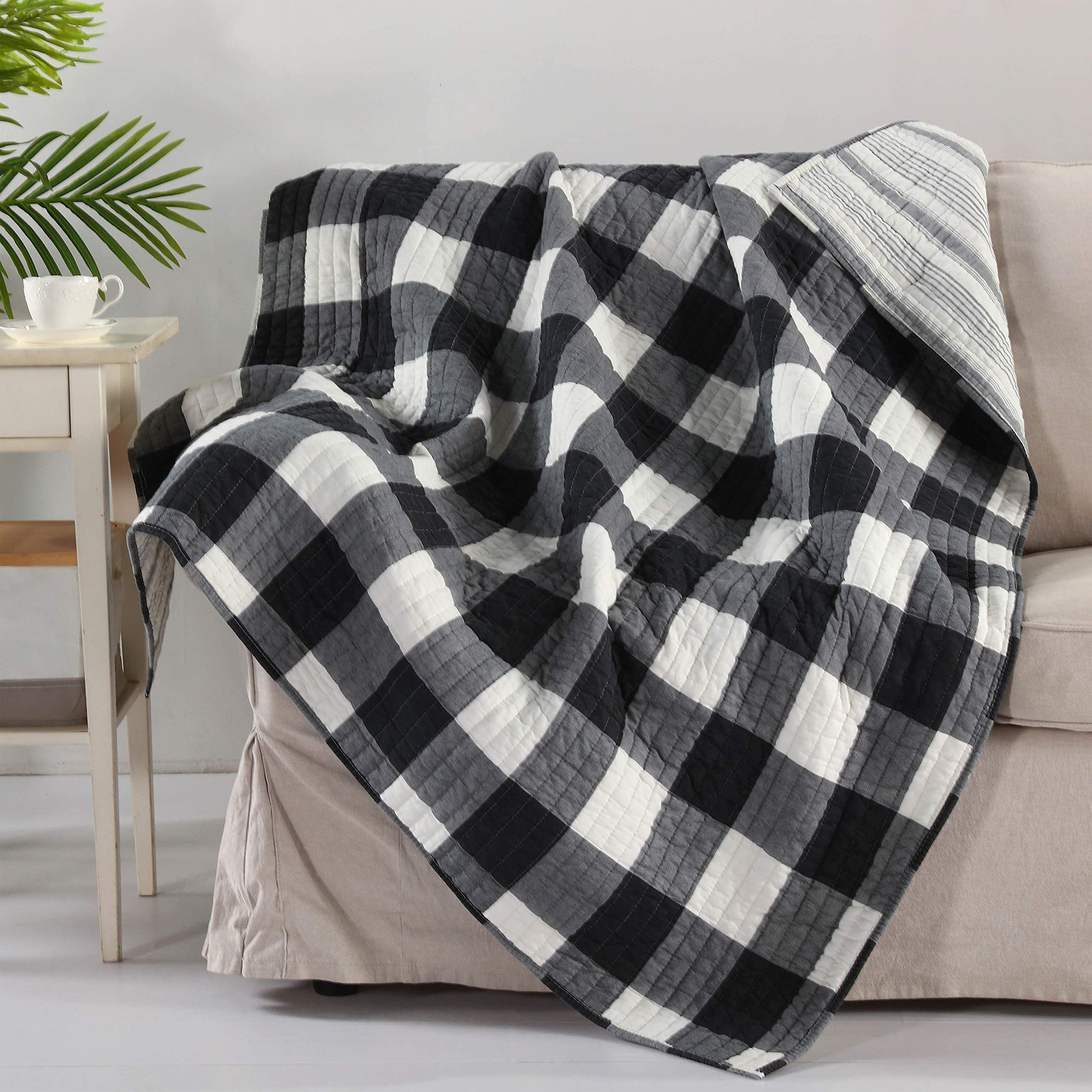 Levtex Home - Camden - Quilted Throw - (50 x 60 in.) - Buffalo Check in Black and Cream - Reversible Pattern - Cotton