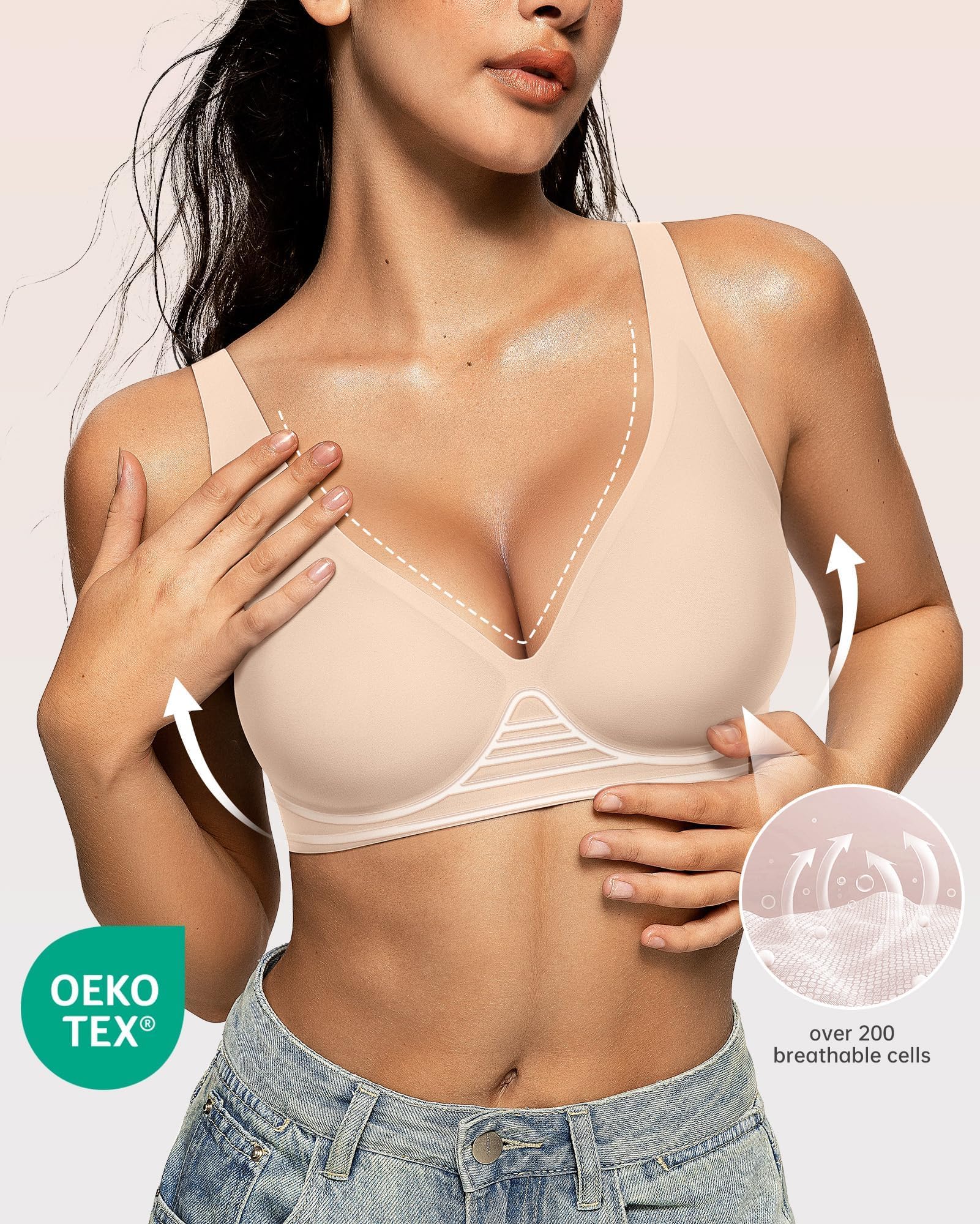 OEAK Womens Deep V Bras Wireless Comfortable Bra Supportive No Underwire Bras Tshirt Push Up Bralettes Plunge Seamless Bra - 2