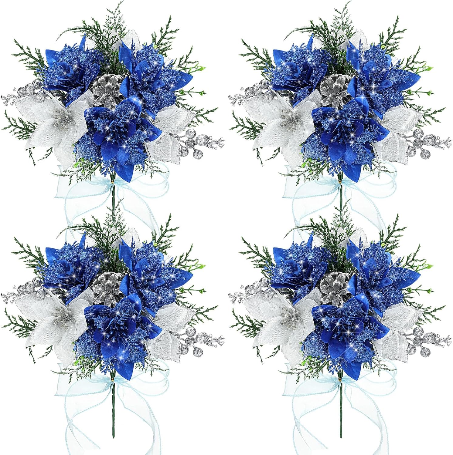 Giegxin 4 Pack 13.8 Inch Faux Velvet Poinsettia Berry Xmas Bush for Indoor Outdoor Christmas Tree Ornament Home Porch Decor(Blue,Classic) Blue Classic