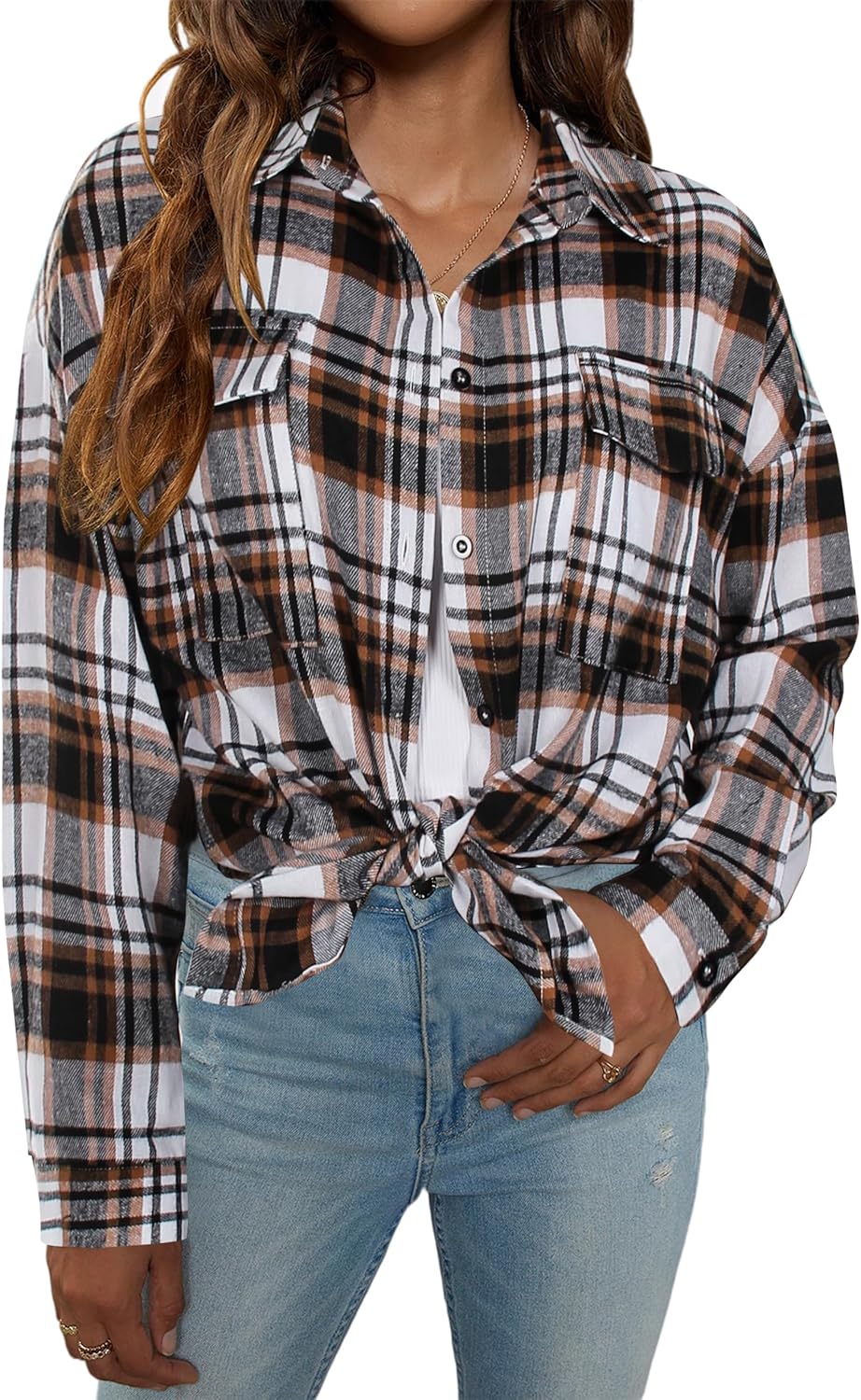 Blooming Jelly Women's Button Down Flannel Shirts Plaid Shacket Long Sleeve Collared Business Casual Tops Work Blouses