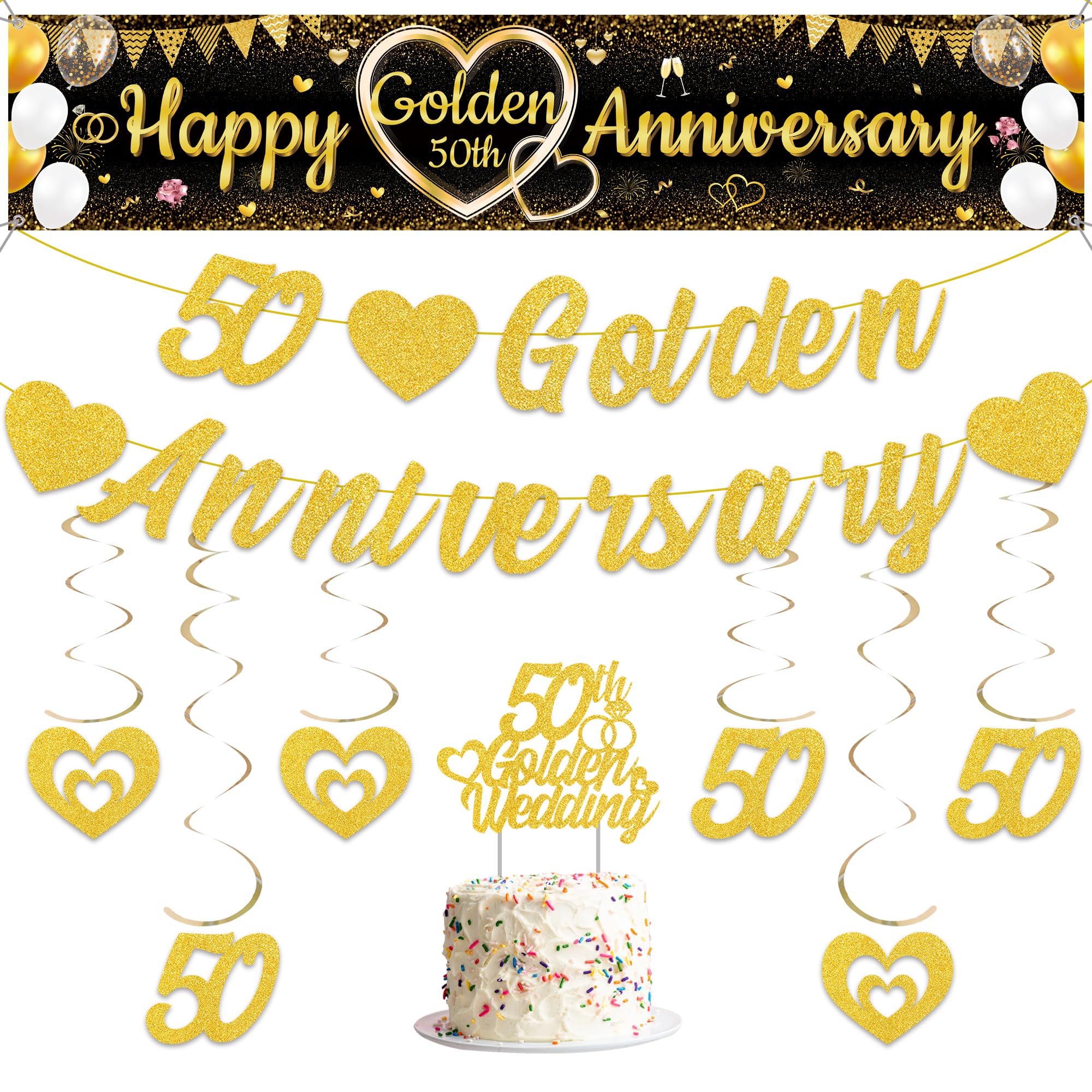 Aurmonigo 50th Wedding Anniversary Decorations - Happy Golden Anniversary Banner Glitter Heart Hanging Swirls, Cake Topper Decoration Supplies for 50 Years Golden Wedding Party